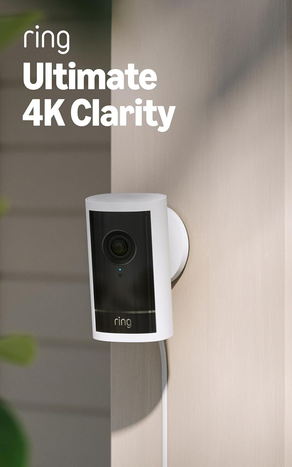 Communicates the premium video quality of the Ring security camera, emphasizing its 4K clarity feature to reassure shoppers they will get crystal-clear footage for home security. Shows the camera…