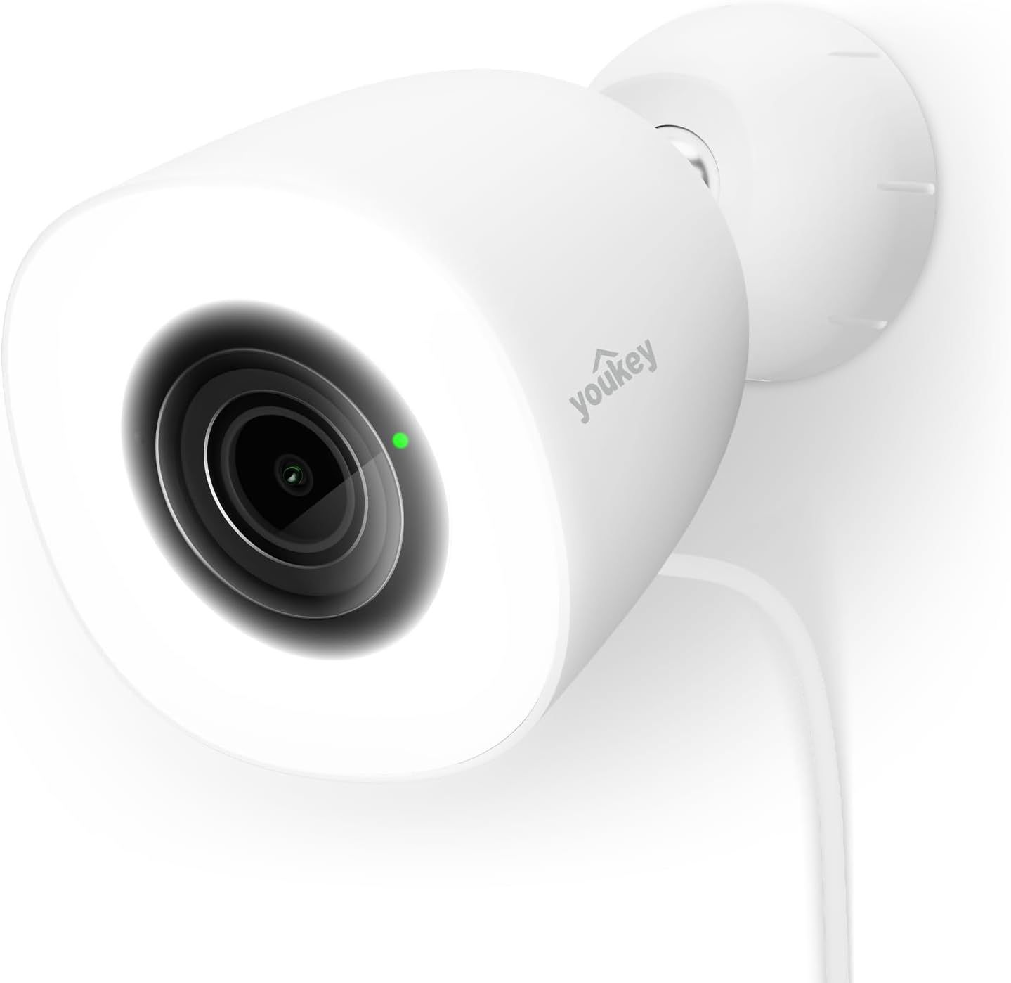 Displays the core sellable product, a white security camera with visible lens and brand logo, in a clean catalog-style composition to show shoppers exactly what they will receive.