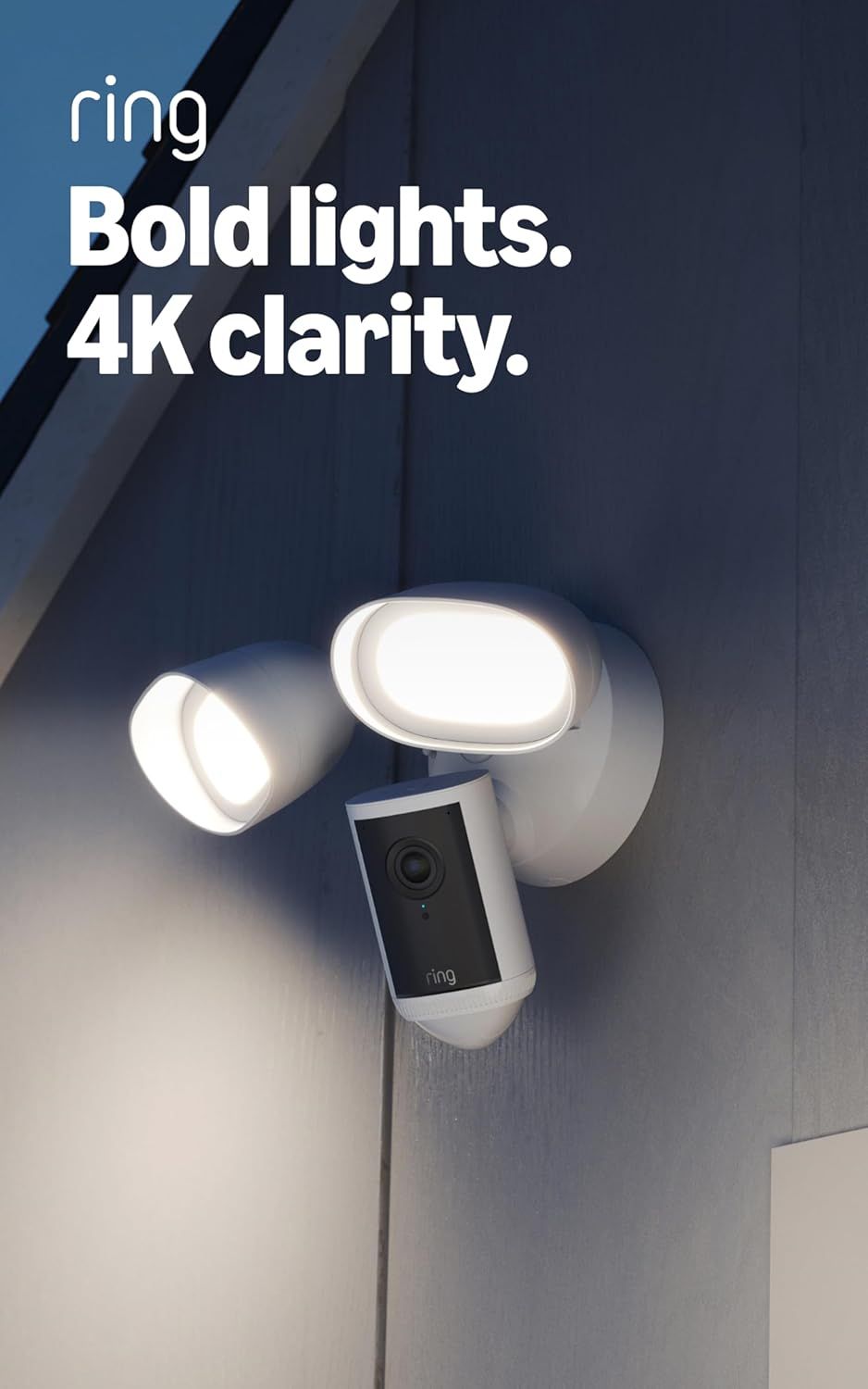Showcases the Ring security camera with integrated floodlights, emphasizing its bright illumination and high-resolution 4K video quality to reassure shoppers of superior visibility and security…