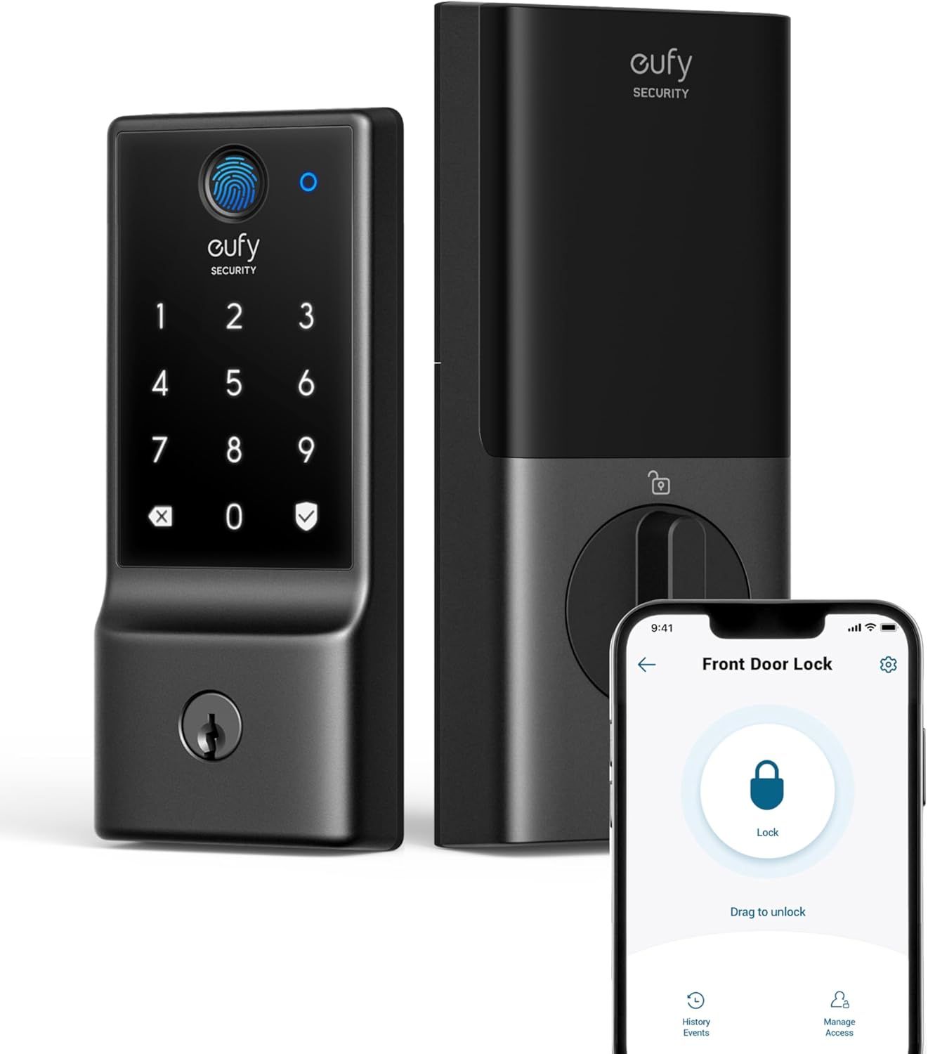 Displays the complete eufy Security smart lock system including the keypad lock, hub unit, and smartphone app interface to show shoppers all components included and how the system works together.…