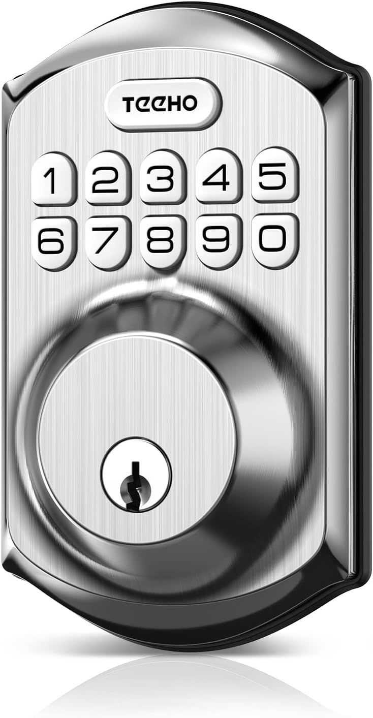 Shows the core smart lock product with its keypad interface and physical keyhole, communicating the dual-access security feature to shoppers looking for convenient home security solutions. Uses a…