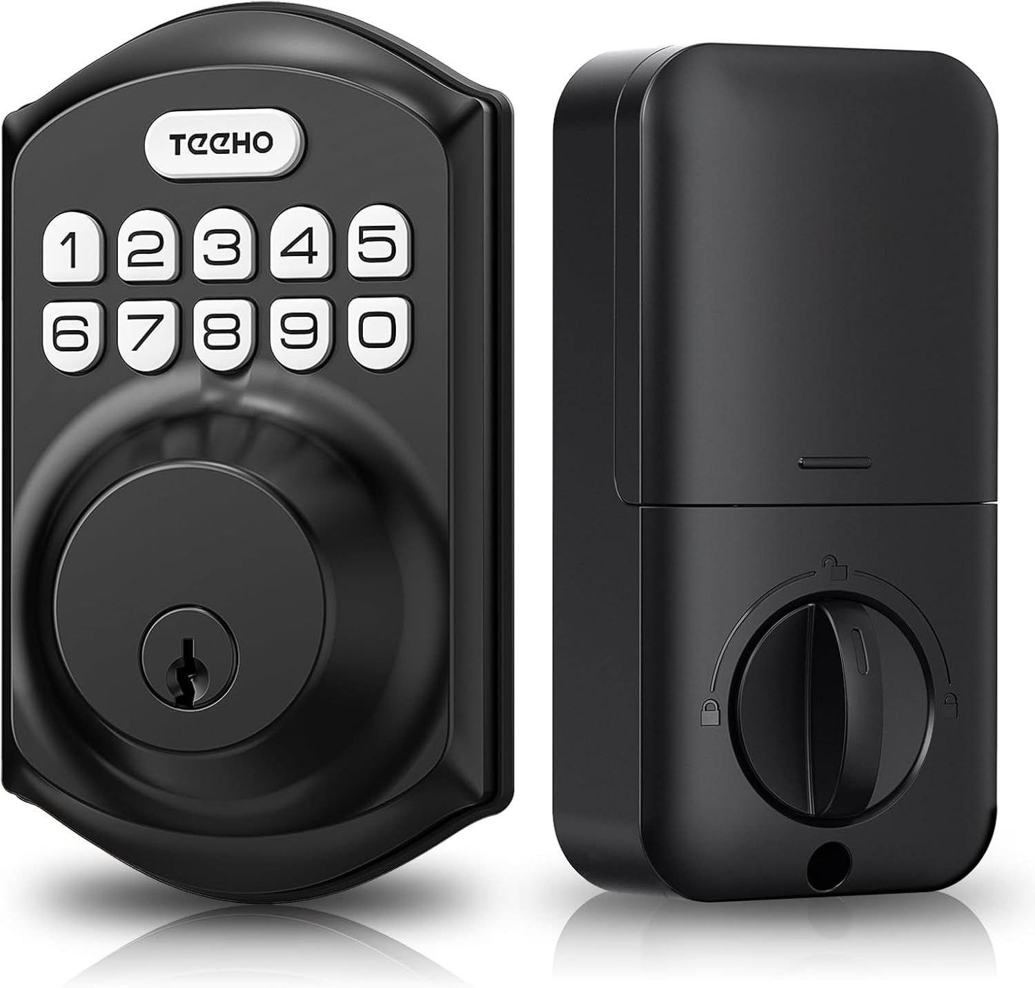 Shows the complete smart lock system with both the exterior keypad deadbolt and interior control unit, communicating the full product the shopper will receive and how it provides keyless entry…