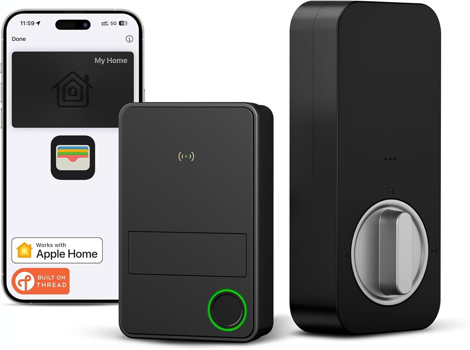 Displays the complete smart lock system including the door lock unit, control hub, and smartphone app interface to show shoppers the full ecosystem they will receive and how the components work…