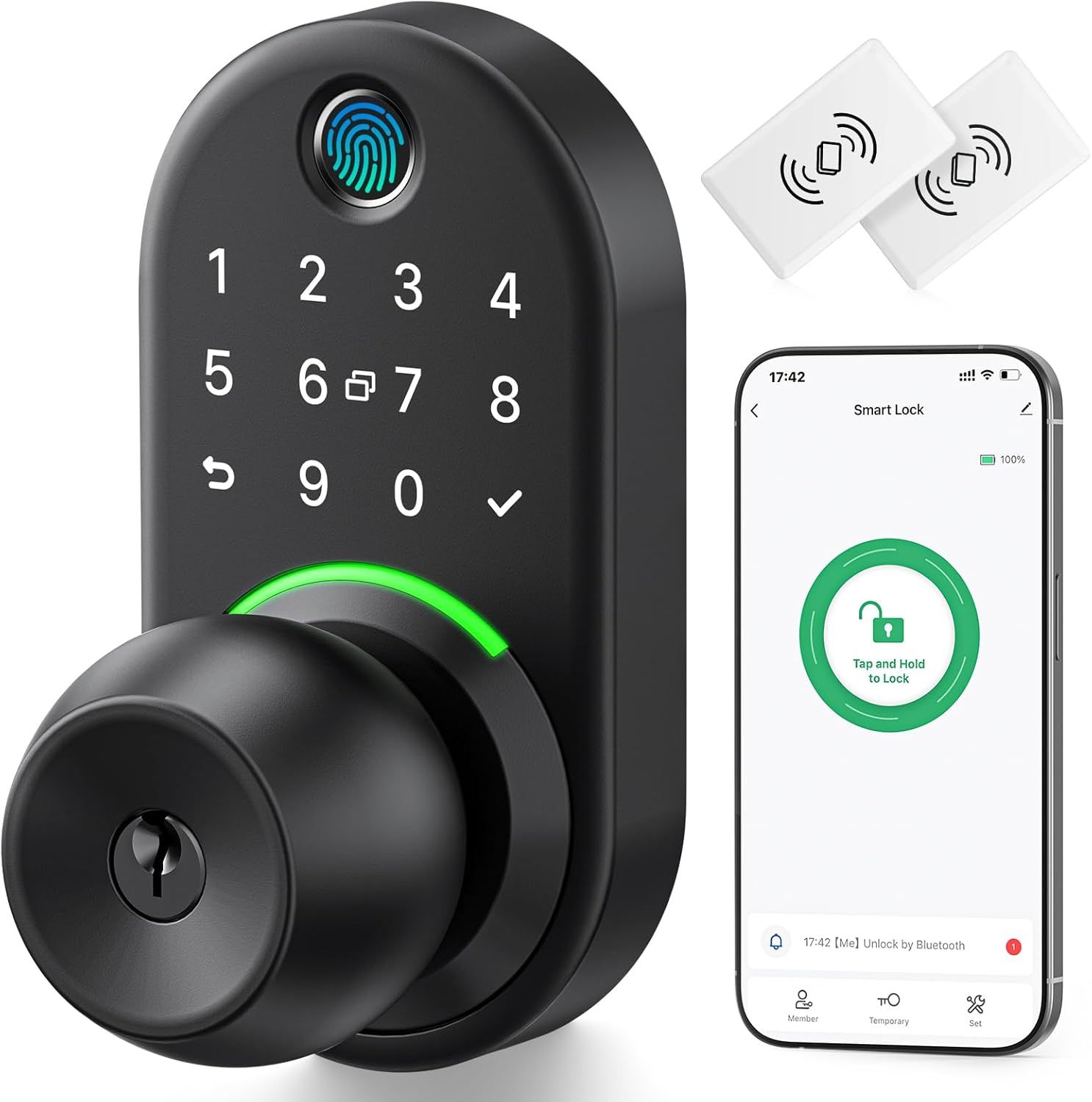 Displays the core smart lock product with its keypad, fingerprint sensor, and physical knob to show shoppers the complete device they will receive. Shows the included RFID access cards and…