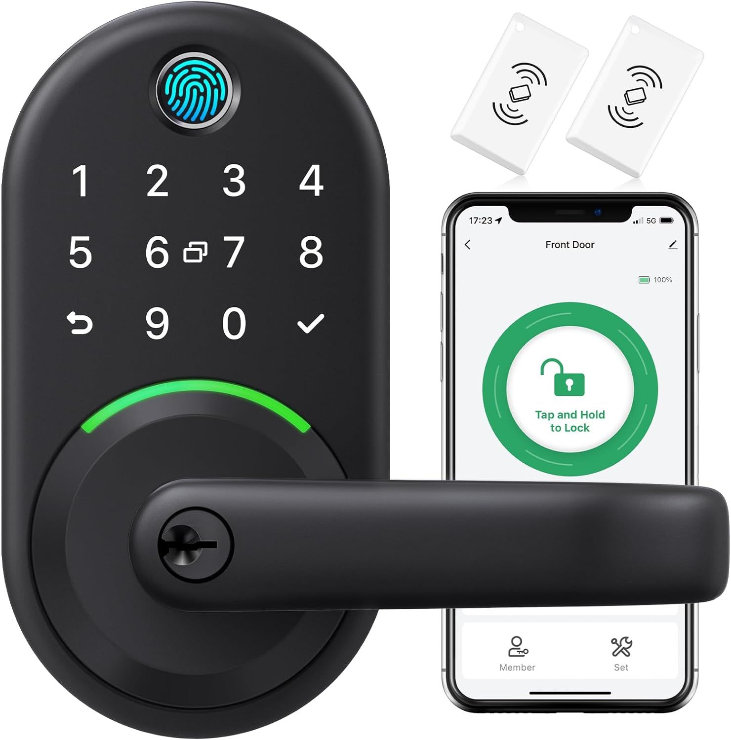 Shows the complete smart lock product with its keypad, fingerprint sensor, physical handle, RFID cards, and smartphone app interface to communicate the multiple ways users can access and control…