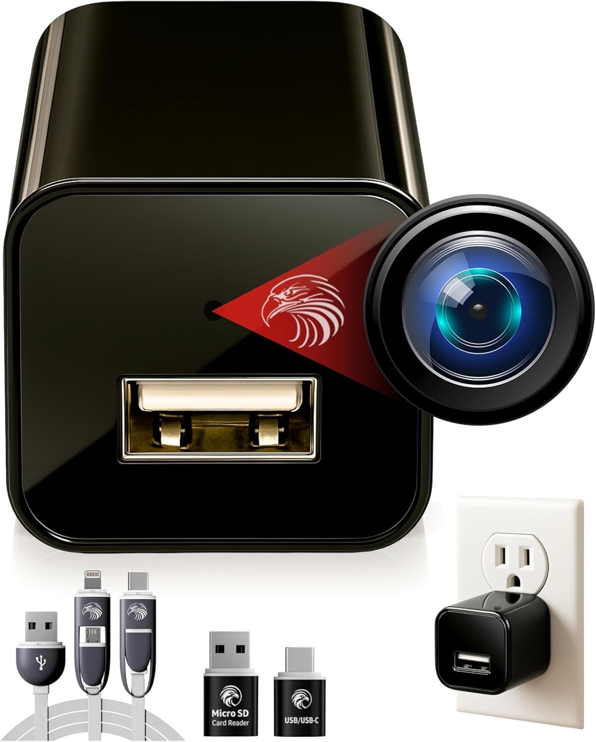 Shows the core sellable product - a USB wall charger with an integrated hidden camera lens - clearly displaying its dual functionality and compact design. Demonstrates the included accessories that…
