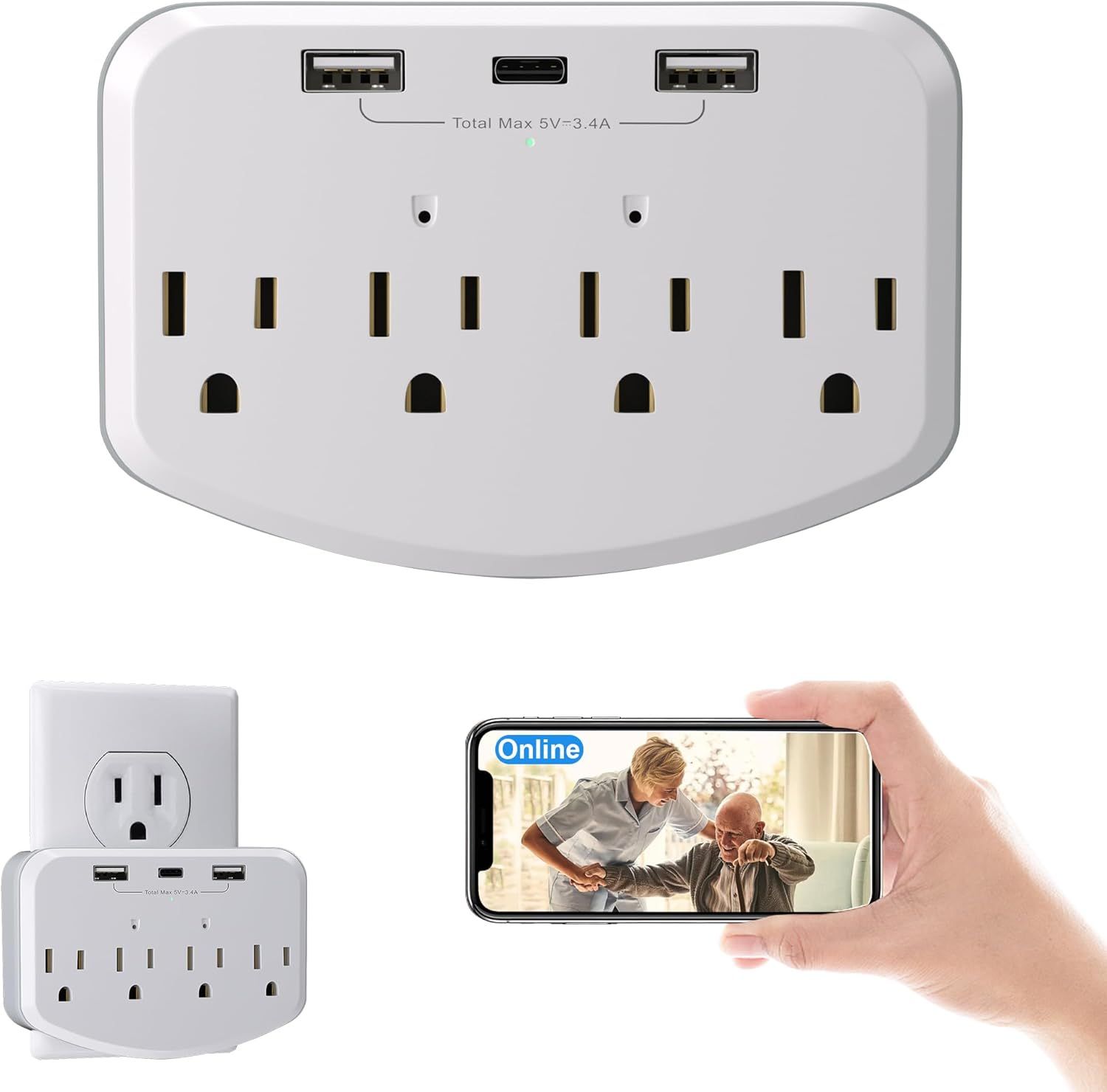 Shows the core product—a wall-mounted power strip with multiple AC outlets and USB charging ports—to communicate its capacity and functionality for charging multiple devices simultaneously.…
