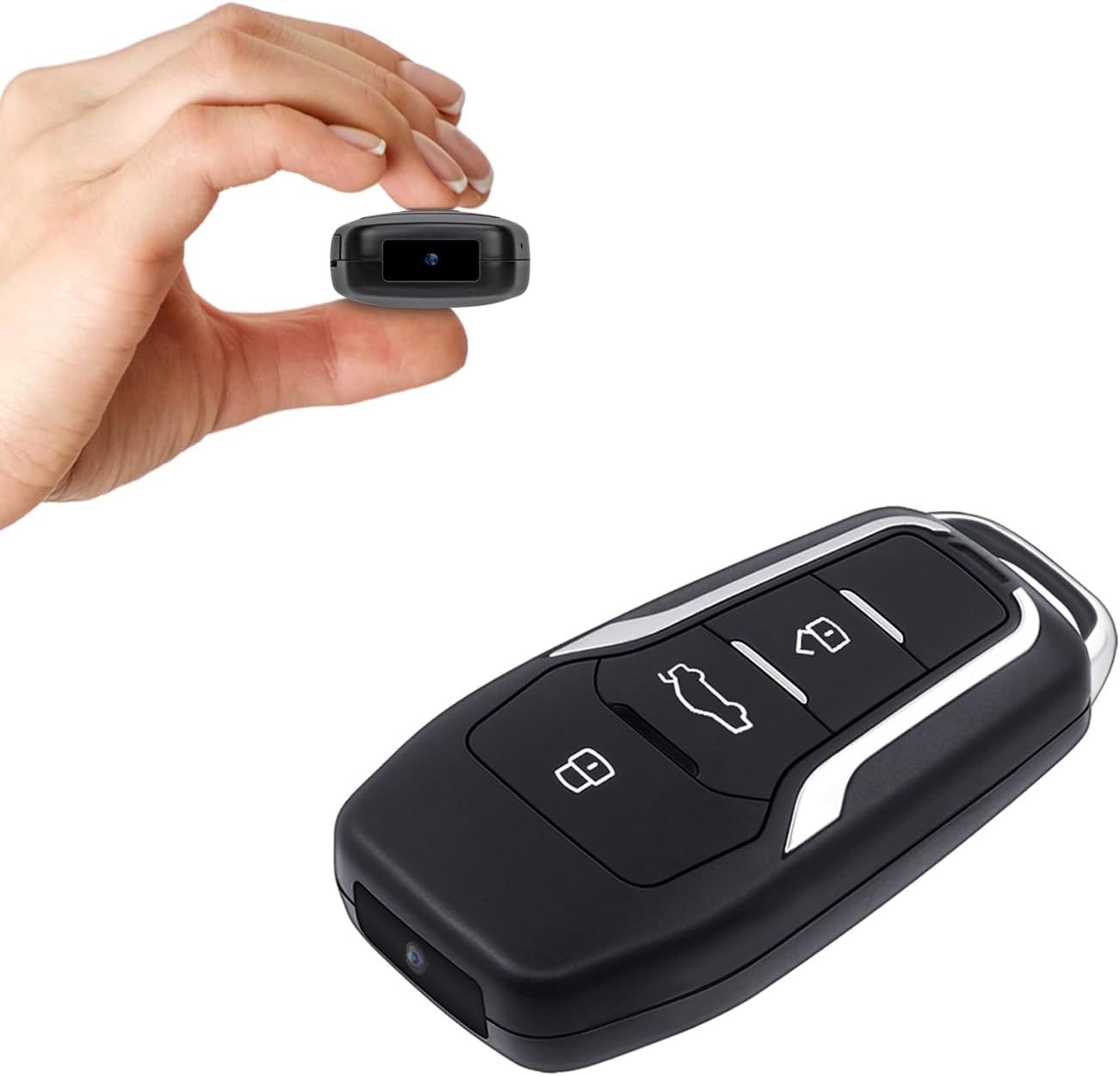 Shows the core product (a small camera disguised as a car key fob) and demonstrates its ultra-compact size by showing it held between fingers, reassuring shoppers that it is portable and discreet.…