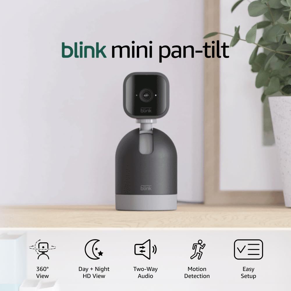 Shows the core Blink mini pan-tilt camera product with its motorized base, clearly displaying the physical design and form factor to help shoppers understand what they will receive. Displays the…