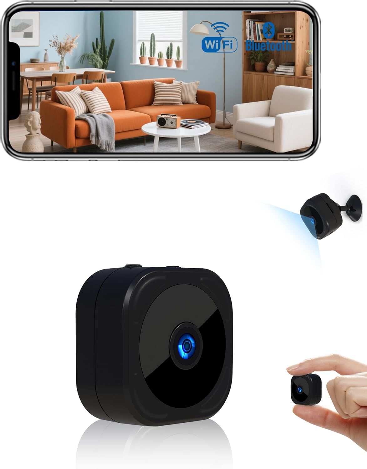 Shows the core product, a small black security camera with blue LED indicator, demonstrating its compact size and connectivity features through lifestyle context and close-up views. Demonstrates how…