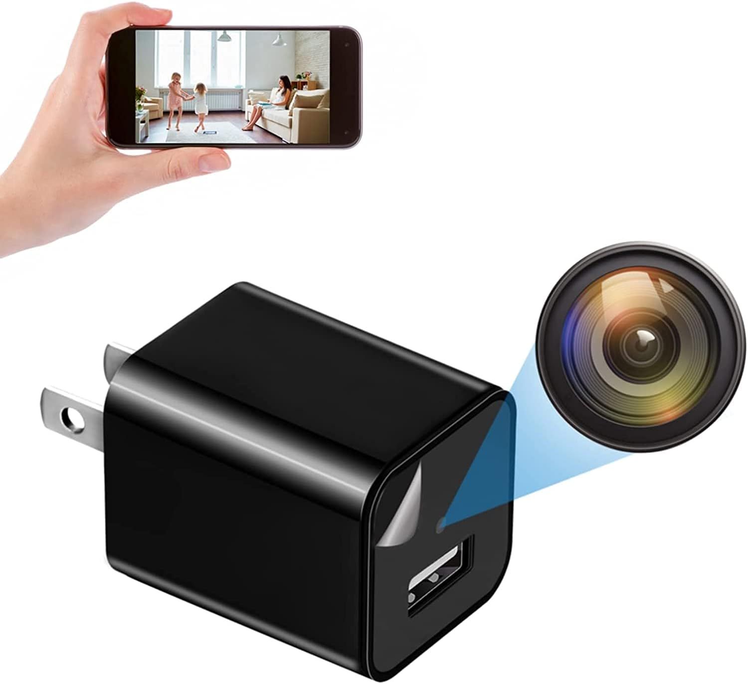 Demonstrates the product's dual functionality as both a USB charger and a hidden camera with live smartphone viewing capability, showing shoppers how the surveillance feature works in real-time.…