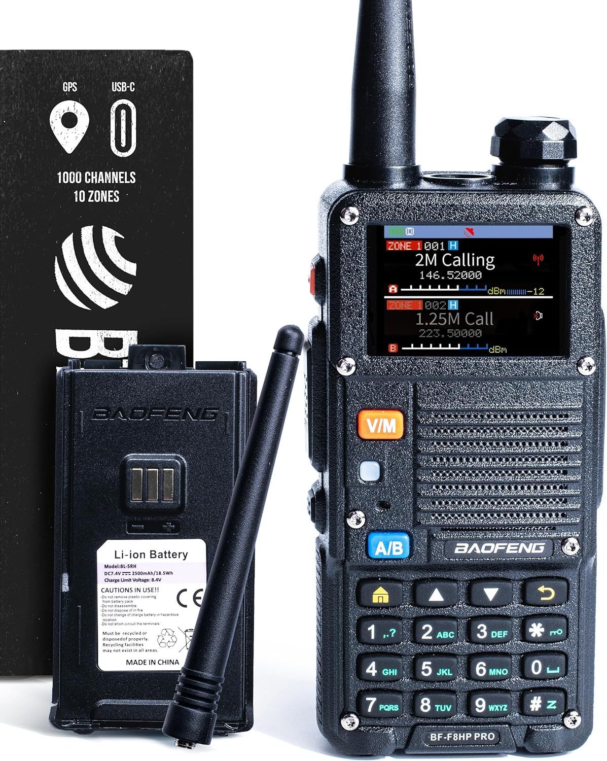 Shows the core sellable product, a Baofeng two-way radio with its battery and antenna, clearly displaying the device's screen, keypad, and physical features to help shoppers understand what they are…
