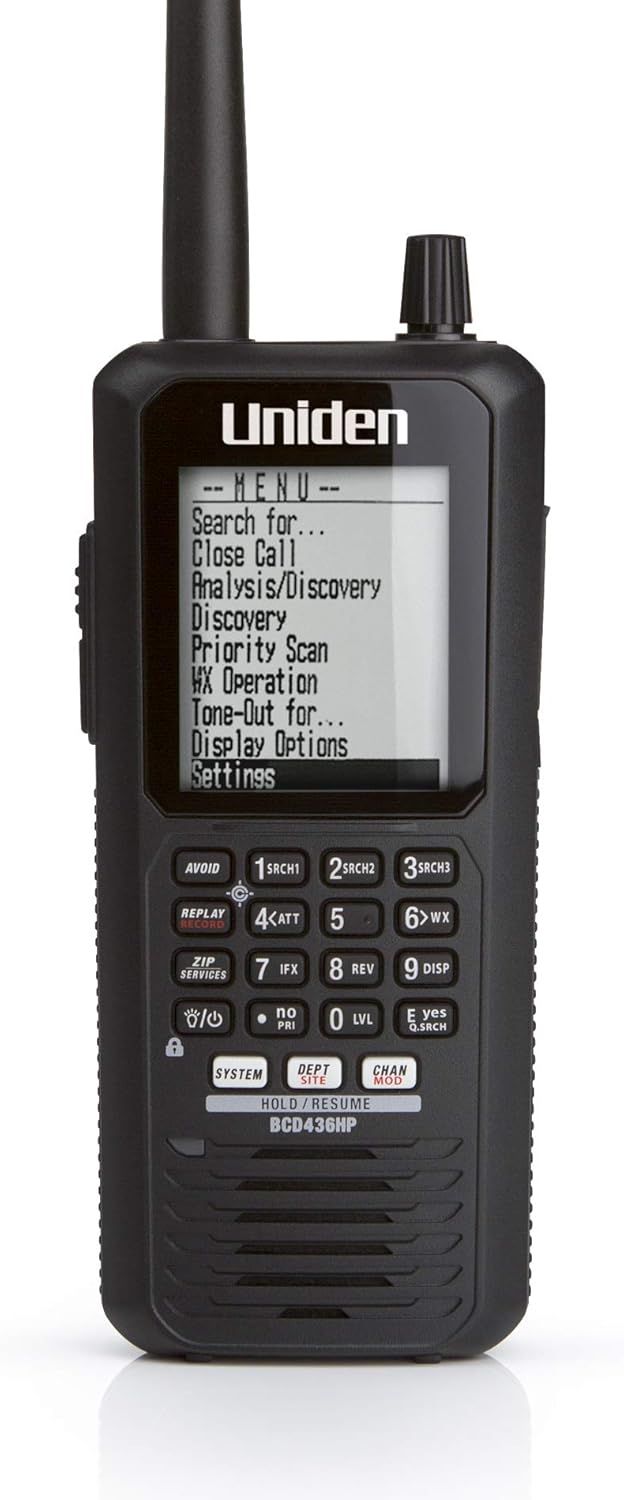 Shows the core product clearly on a white background to communicate its professional design, digital menu interface, and physical controls to shoppers looking for a scanner radio device.