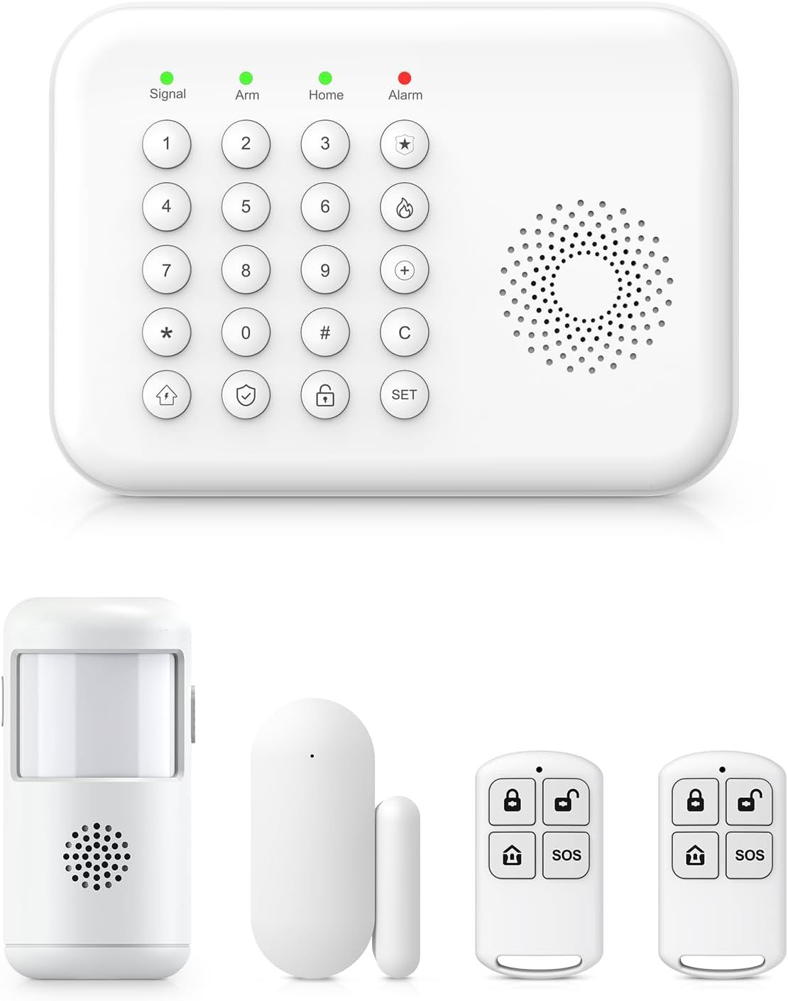 Displays the complete home security system including the main keypad control panel, motion sensor, door/window sensor, and remote key fobs to show shoppers all included components in the package.…