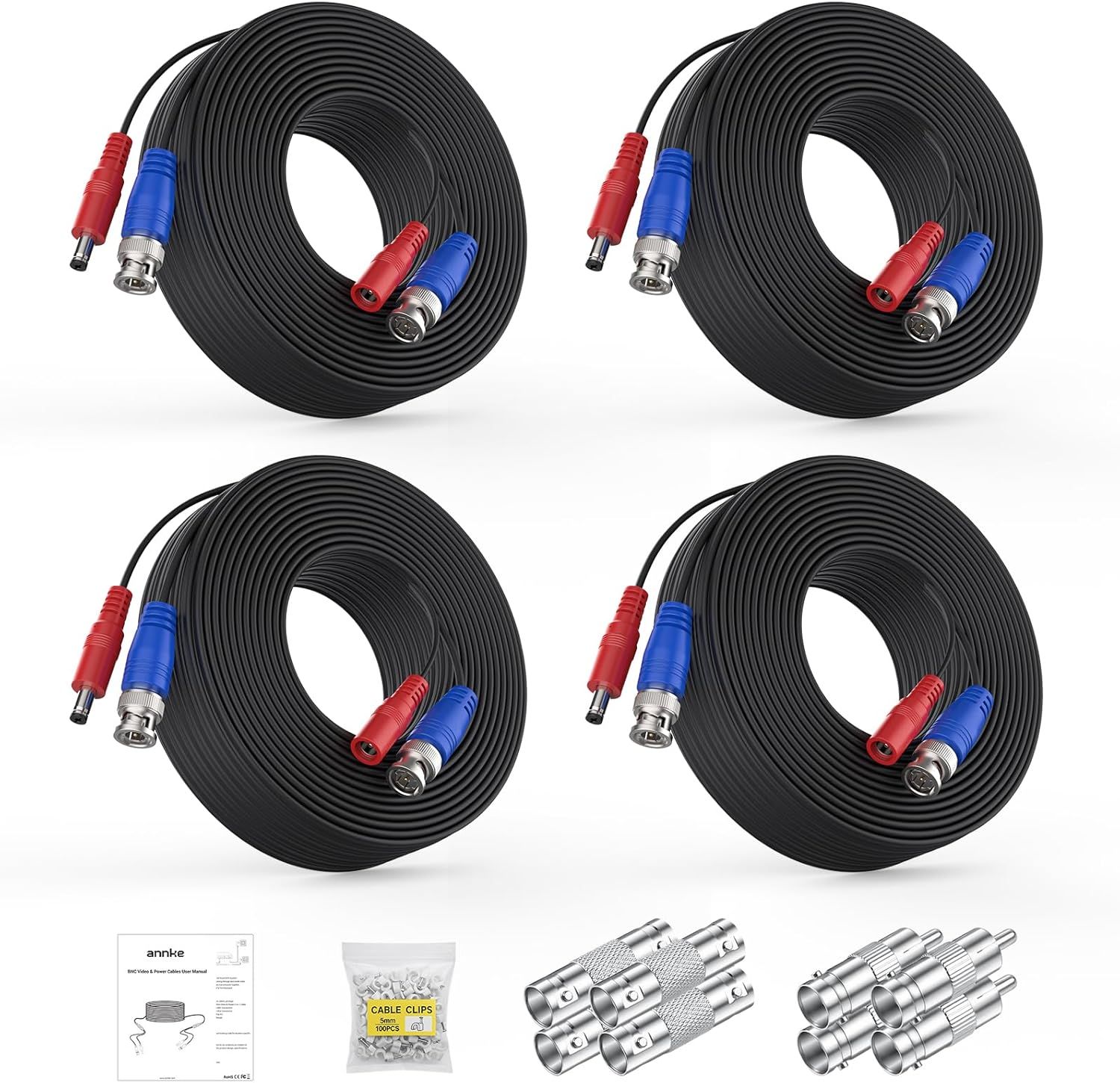 Shows the core sellable product, a 4-pack of black cables with red and blue connectors, along with included accessories like cable clips and additional connectors to communicate what the buyer…