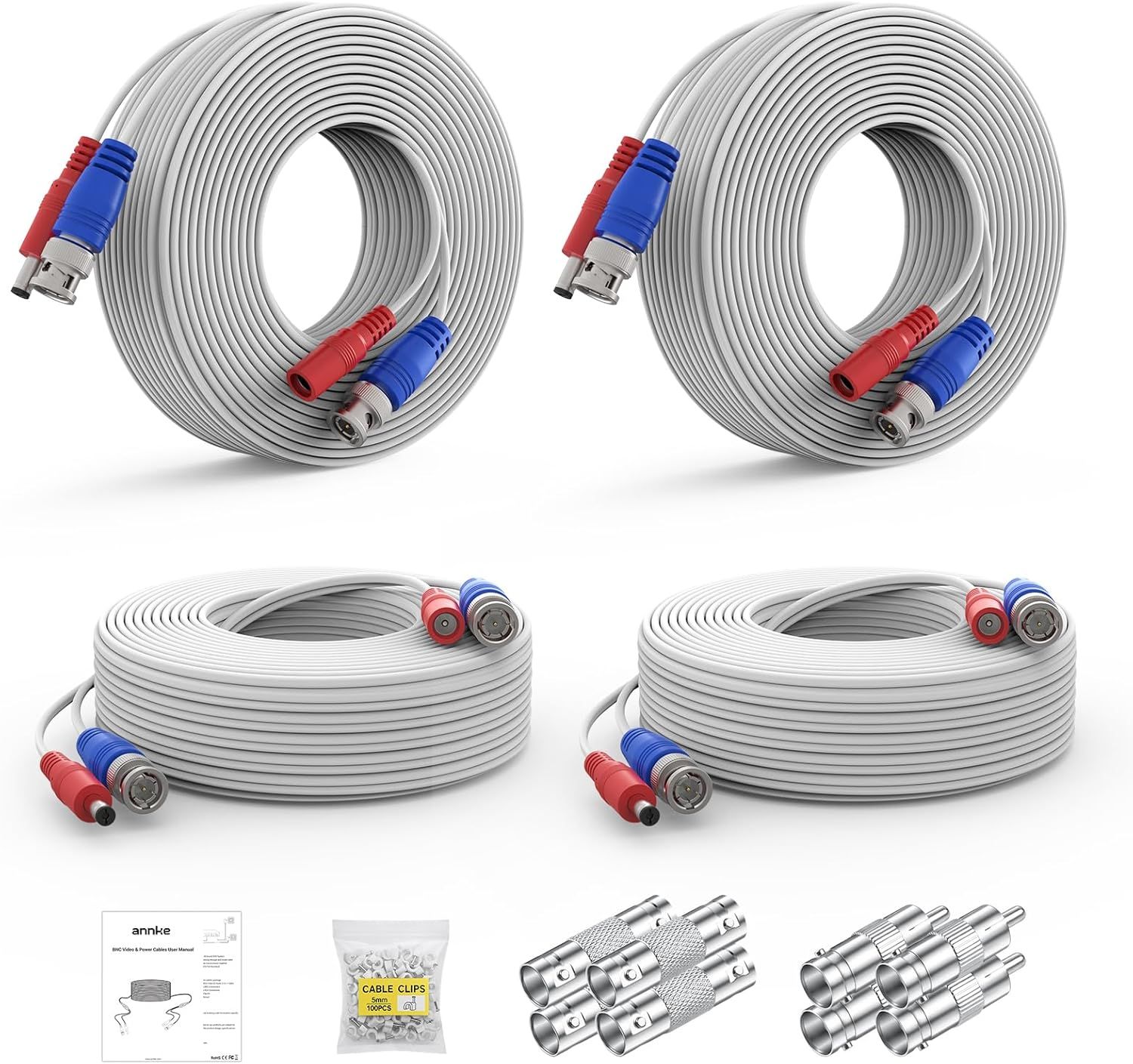 Shows the core product clearly: two white security camera cables with color-coded connectors, displayed from multiple angles to help shoppers understand the product's appearance and construction.…