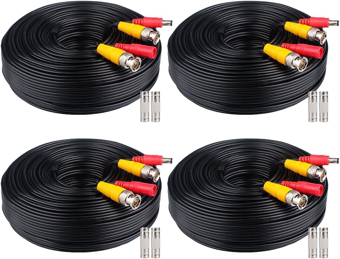 Shows the core product clearly - a 4-pack of black security camera cables with color-coded BNC connectors and included adapters, allowing shoppers to see exactly what they will receive. Demonstrates…
