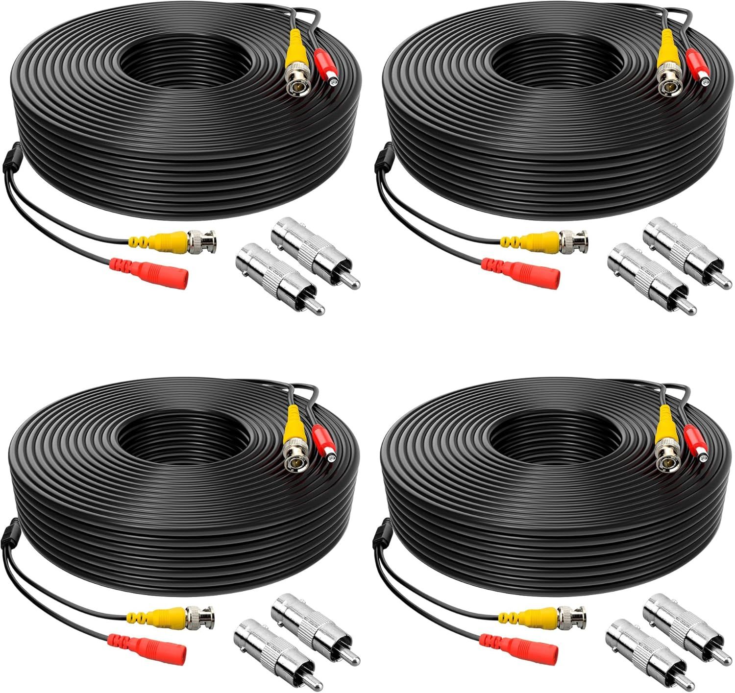 Shows the core product clearly - a 4-pack of black coiled security camera cables with BNC and power connectors, plus adapter accessories, allowing shoppers to see exactly what they will receive.…