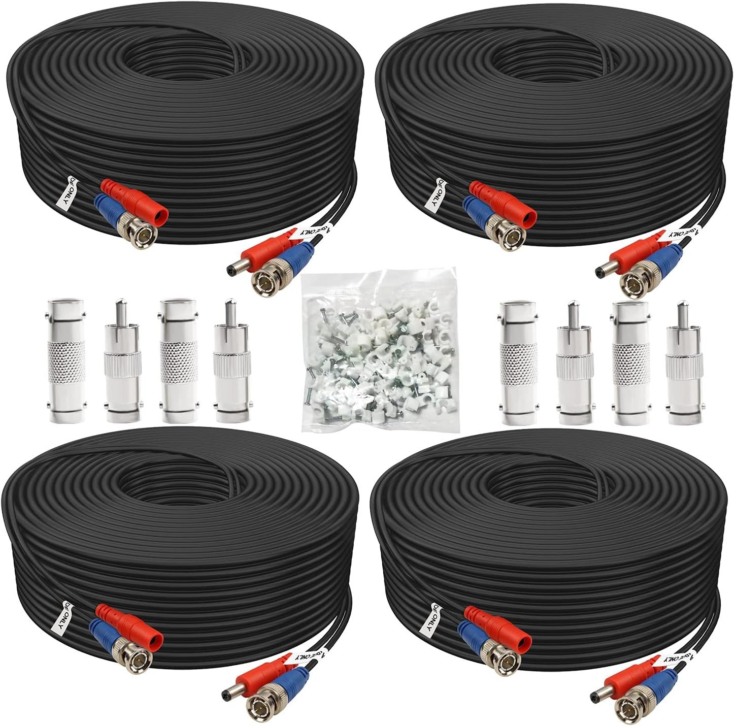 Shows the complete cable kit including four identical coiled cables with BNC and power connectors, plus additional BNC adapters and mounting clips, clearly displaying what the buyer receives in this…