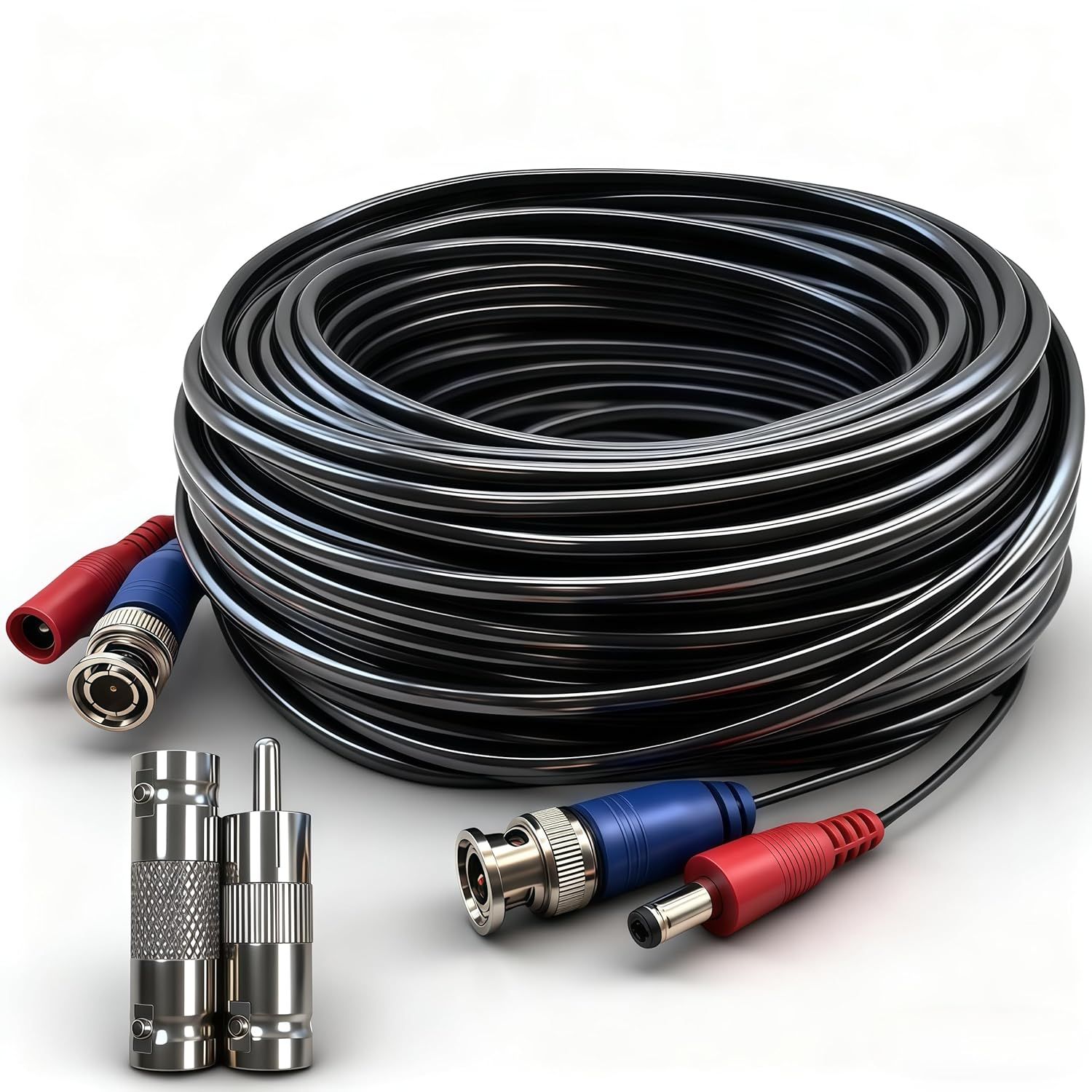 Shows the core product—a coiled black cable with BNC and power connectors—along with included adapter accessories, giving shoppers a clear view of what they will receive. Highlights the additional…