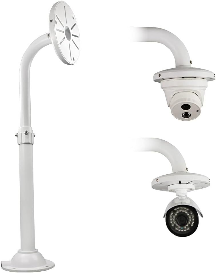 Displays the core product - a security camera mounting pole with adjustable arms and two different camera types - to show shoppers exactly what they will receive and how the system is configured.…