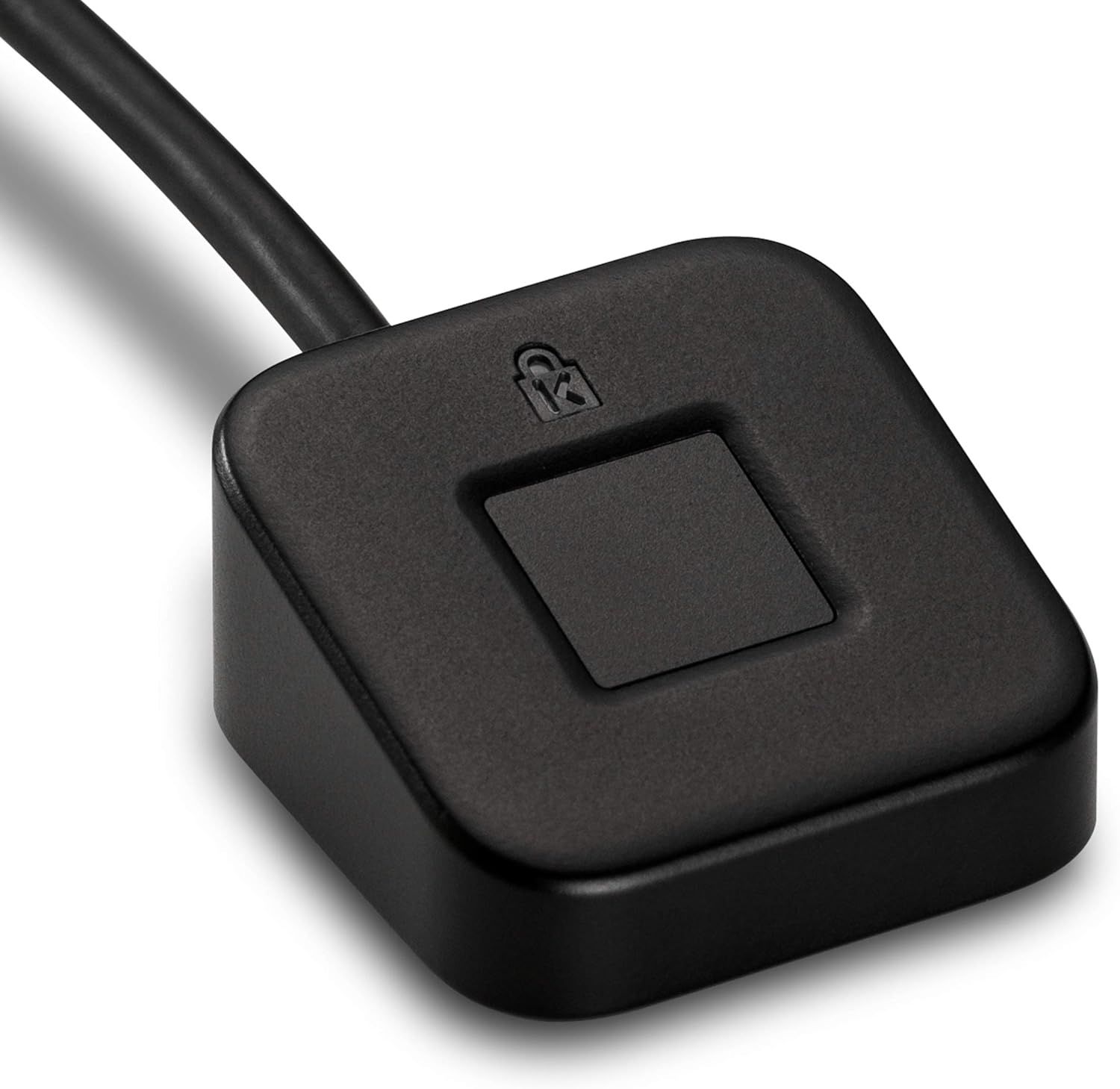 Displays the core product, a compact fingerprint scanner device with attached cable, to show shoppers what they will receive and communicate its biometric security functionality.