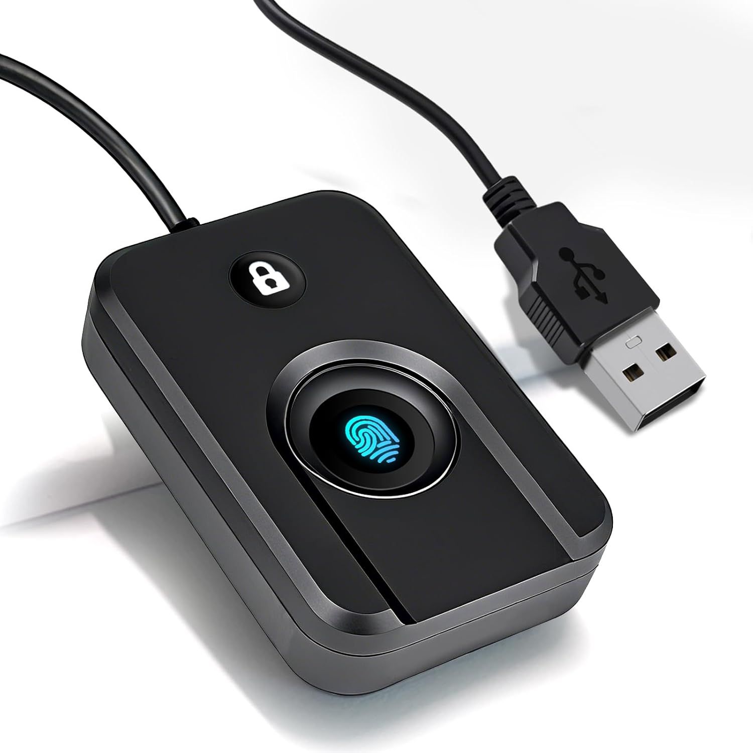 Shows the core fingerprint scanner device with its biometric sensor and USB connection to communicate security and ease of use to shoppers. The illuminated blue fingerprint graphic on the sensor…