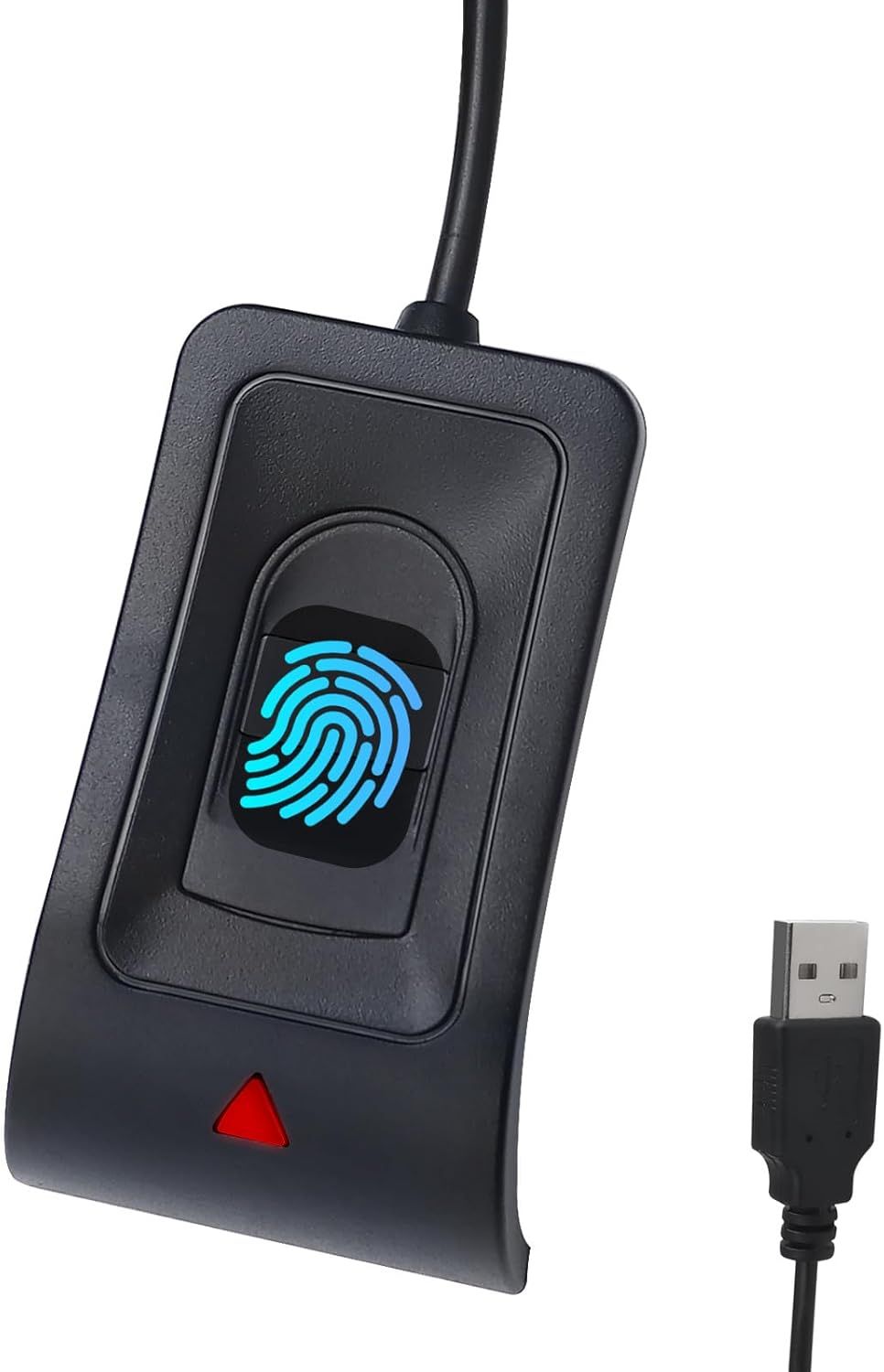 Shows the core product, a fingerprint scanner with USB connection, clearly displaying its biometric sensor interface and connectivity to communicate its security and authentication functionality.…