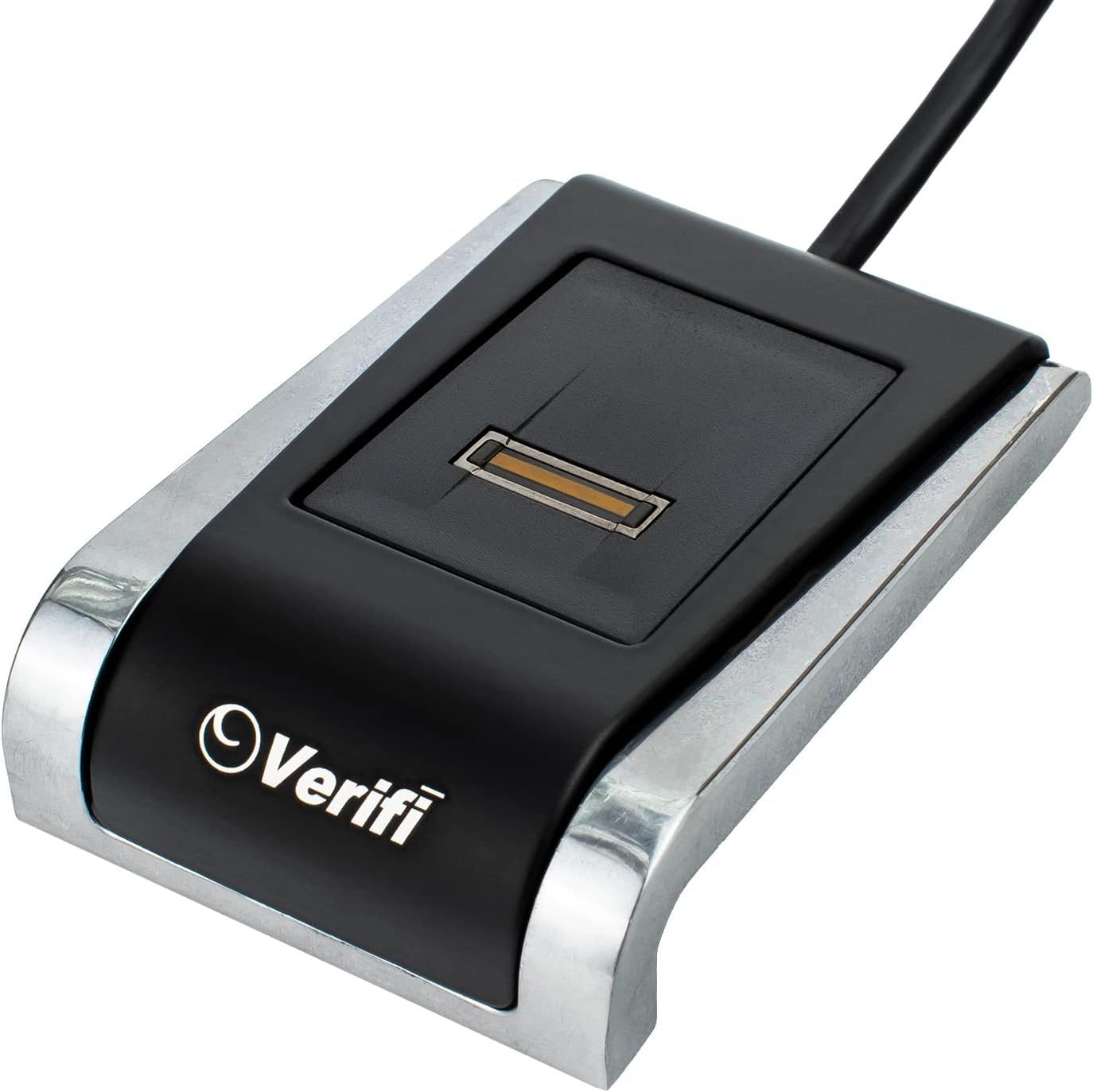 Displays the core product, a Verififi fingerprint scanner, clearly showing its design and branding to help shoppers identify the device and understand its biometric security function. Uses a subtle…
