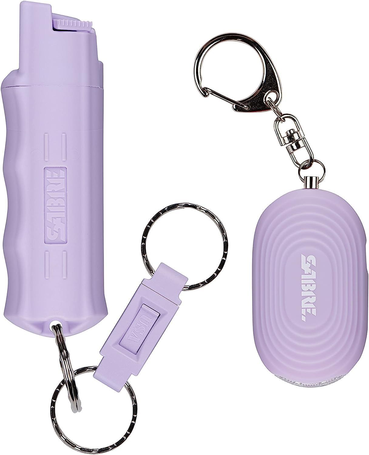 Shows the complete set of personal safety items (pepper spray and alarm) to communicate the product offering and what the buyer will receive. Demonstrates that the purchase includes multiple…