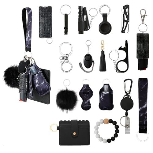 Displays the complete set of keychain accessories and personal safety items included in the purchase, allowing shoppers to see all components and variations in the collection. Shows all the included…