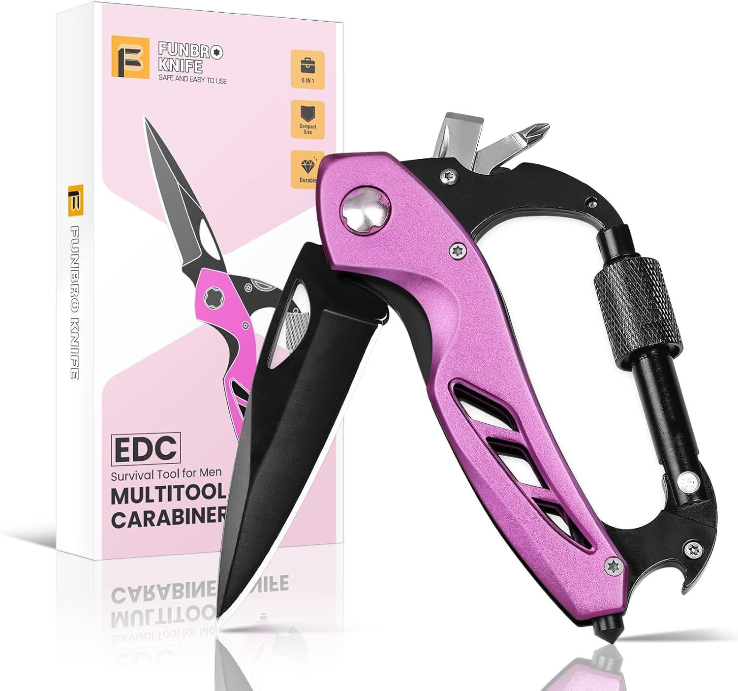 Displays the core product—a multitool carabiner with knife, screwdriver, and other tools—to show shoppers exactly what they are purchasing and its compact, versatile design. Shows the retail…