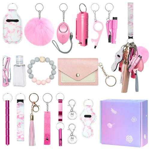 Displays the complete set of included items in the product bundle, showing shoppers exactly what accessories they will receive in this multi-piece keychain and personal accessory collection. Shows…
