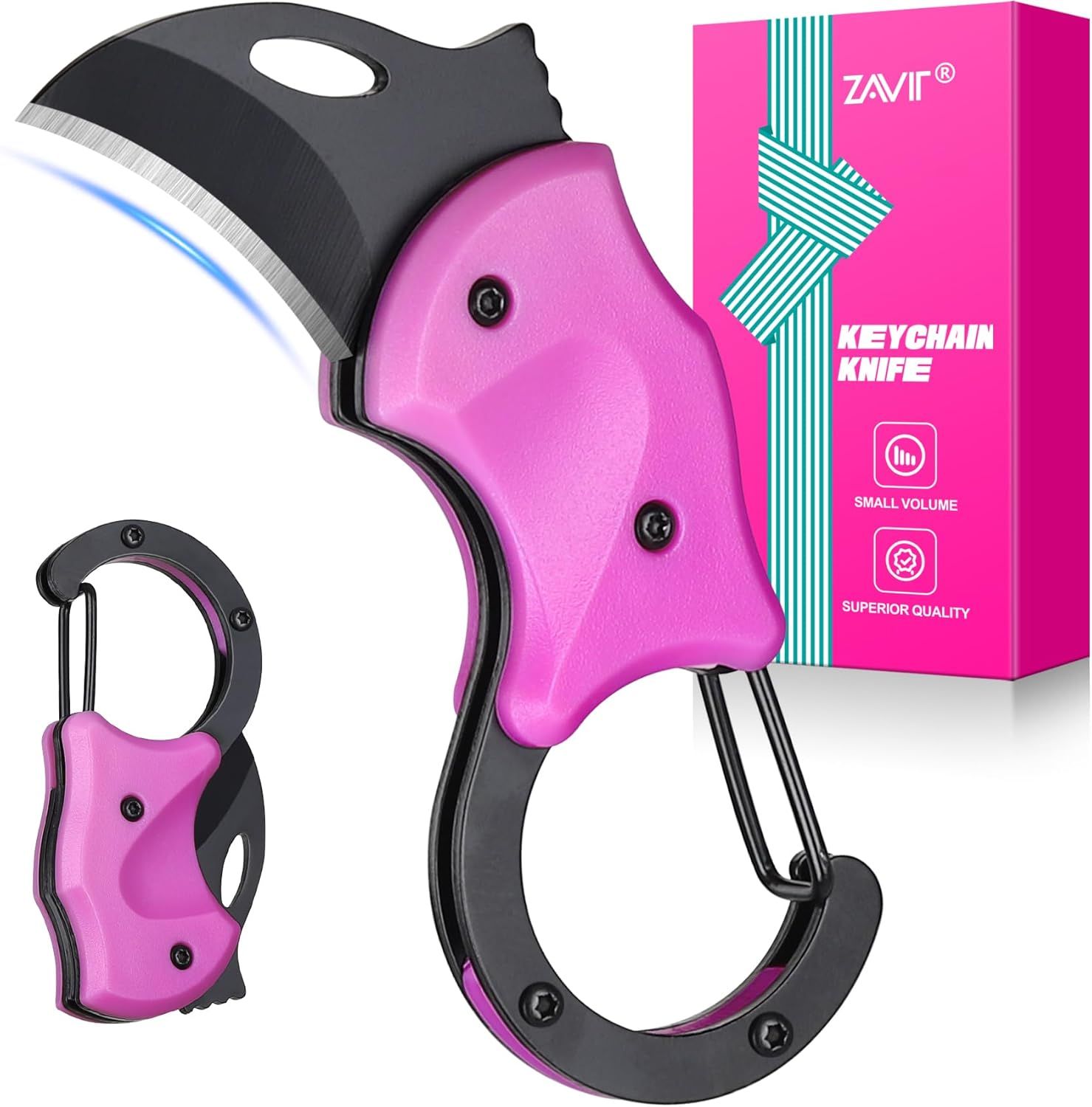 Shows the core product - a pink and black keychain knife with carabiner attachment - clearly displayed to communicate its design, color, and form factor to potential buyers. Displays the branded…