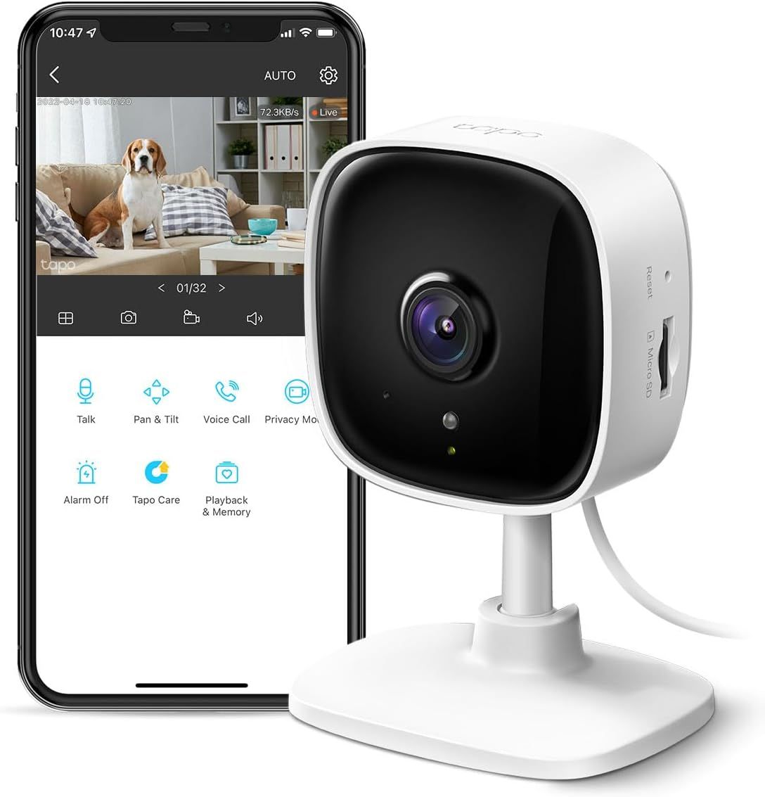 Shows the core product (security camera) alongside its mobile app interface to communicate the complete monitoring system and demonstrate how shoppers can view live footage and control features…
