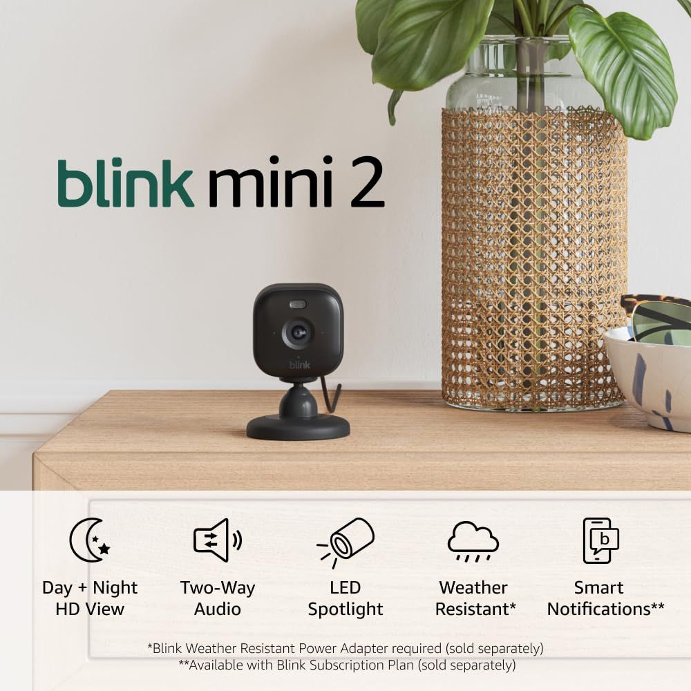 Shows the Blink Mini 2 camera in a real home environment to help shoppers visualize how the compact camera fits naturally into their living space. Communicates key product features through graphic…