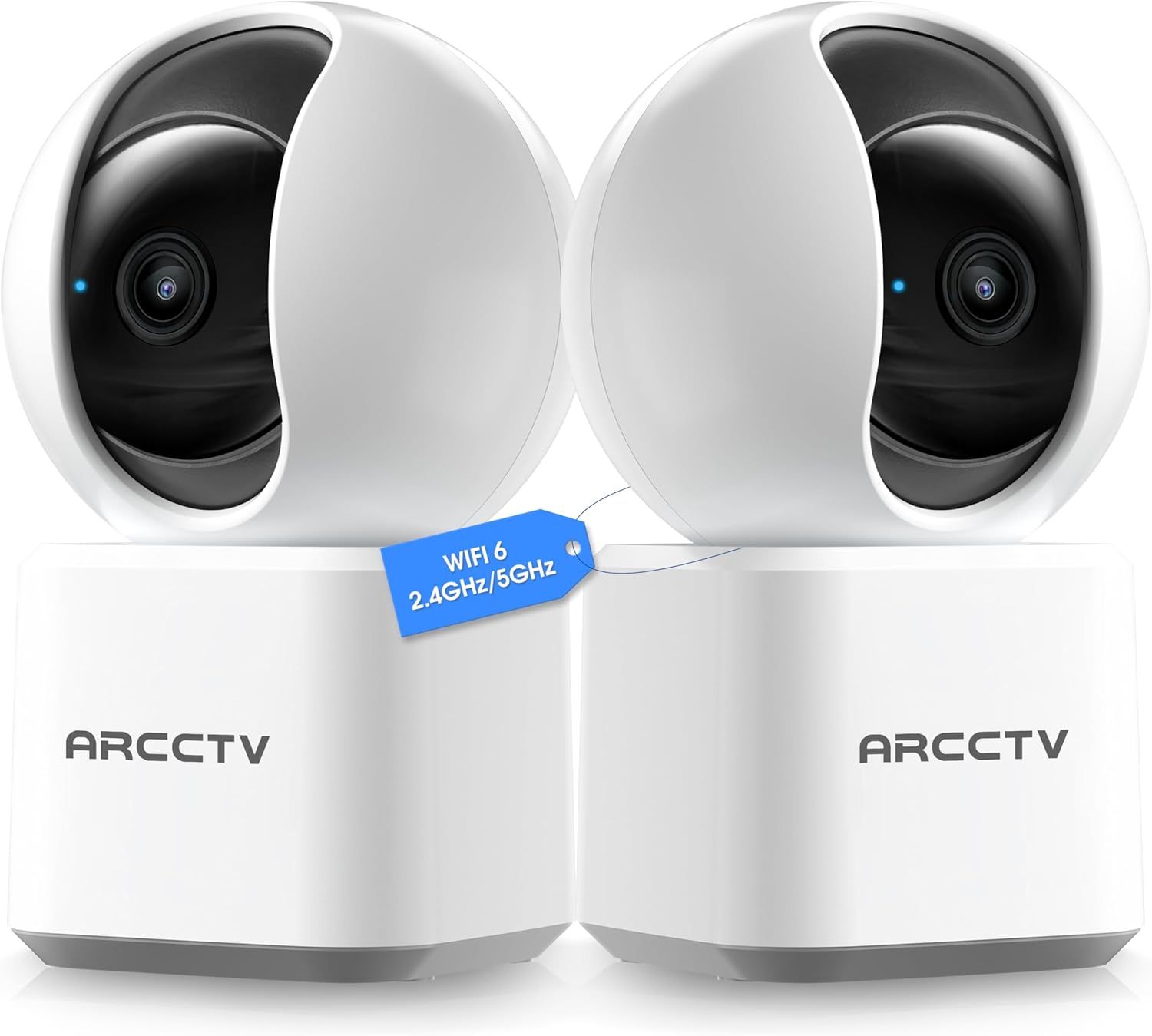 Shows two identical security cameras to communicate that this is a 2-pack bundle, highlighting the WiFi 6 dual-band capability as a key technical feature for reliable connectivity. The blue hang tag…