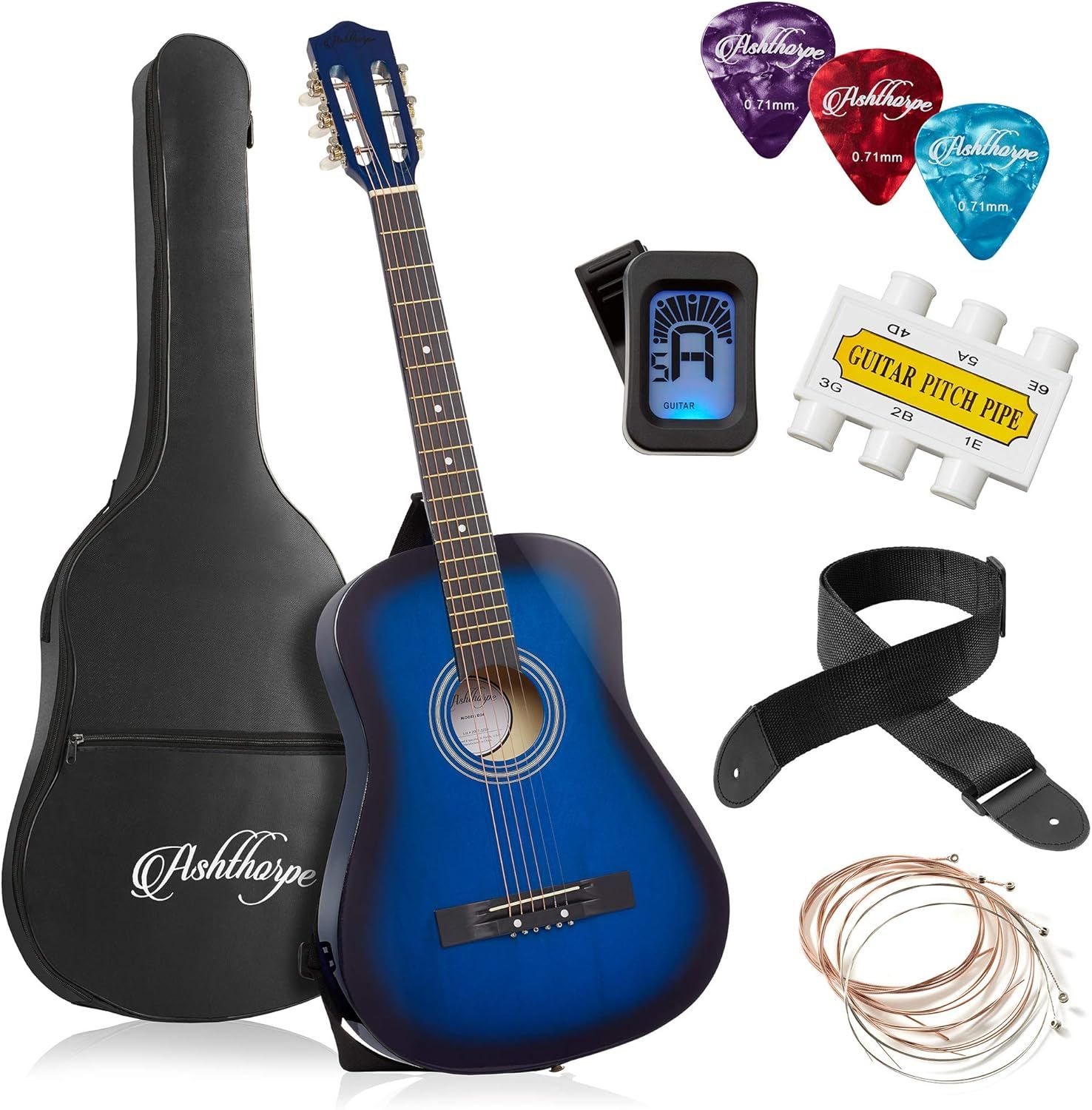 Displays the core product (blue acoustic guitar) along with all included accessories to show shoppers everything they receive in the bundle. Showcases the complete set of included accessories (gig…