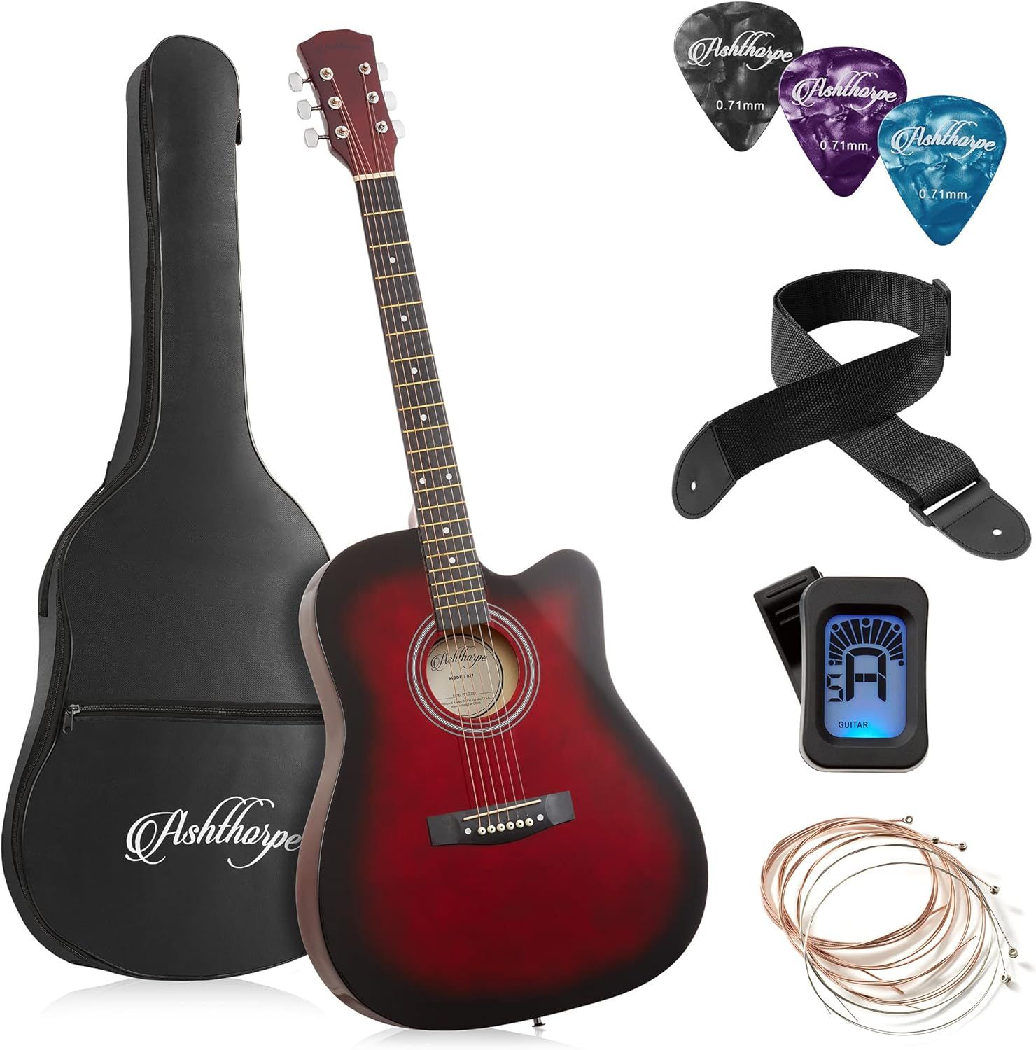 Displays the core acoustic guitar product along with all included accessories to show shoppers exactly what they will receive in this complete starter kit. Showcases all the bonus accessories…