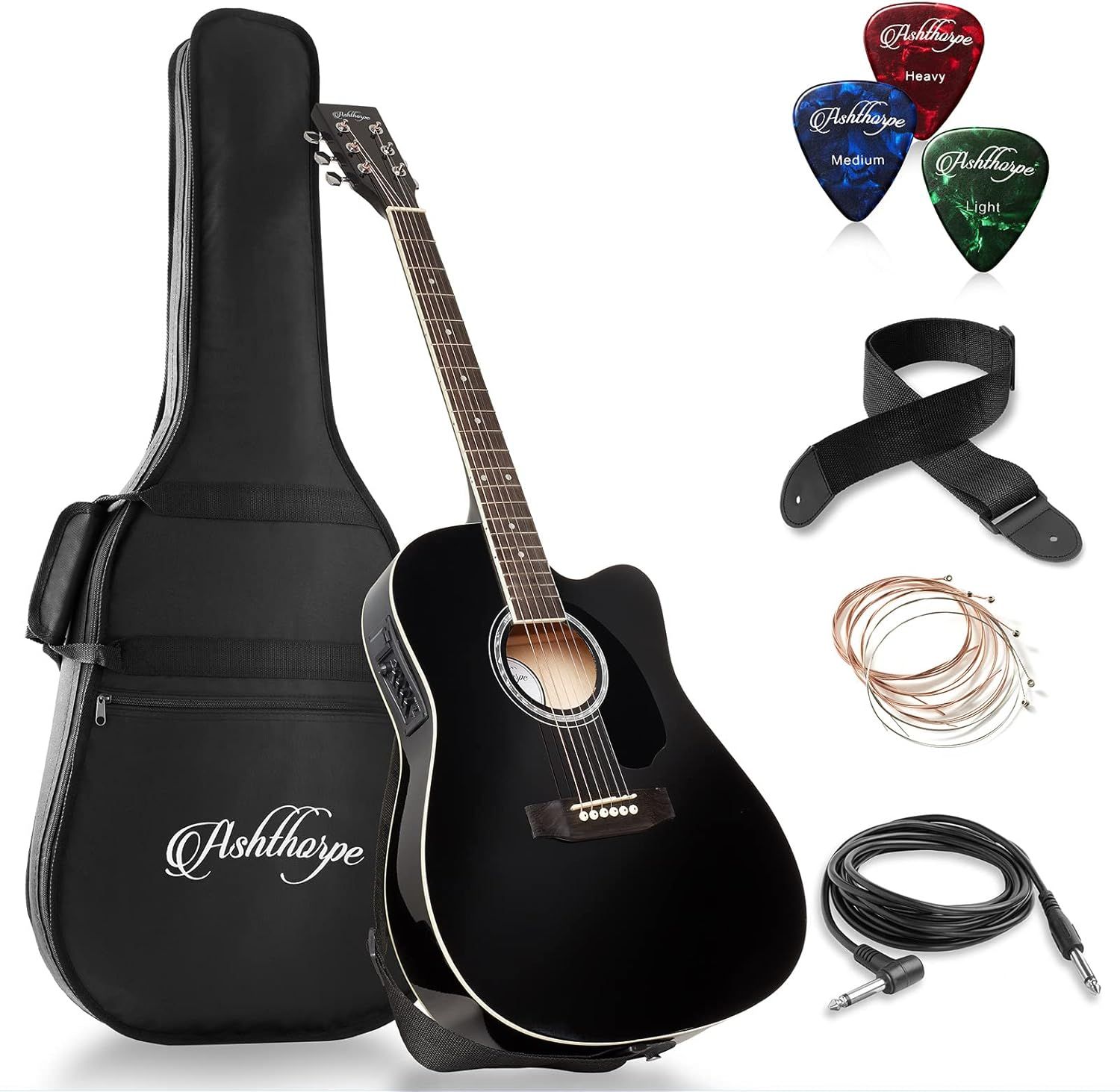 Shows the core acoustic guitar product along with all included accessories to communicate the complete bundle the buyer will receive. Demonstrates the value of the bundle by clearly displaying all…