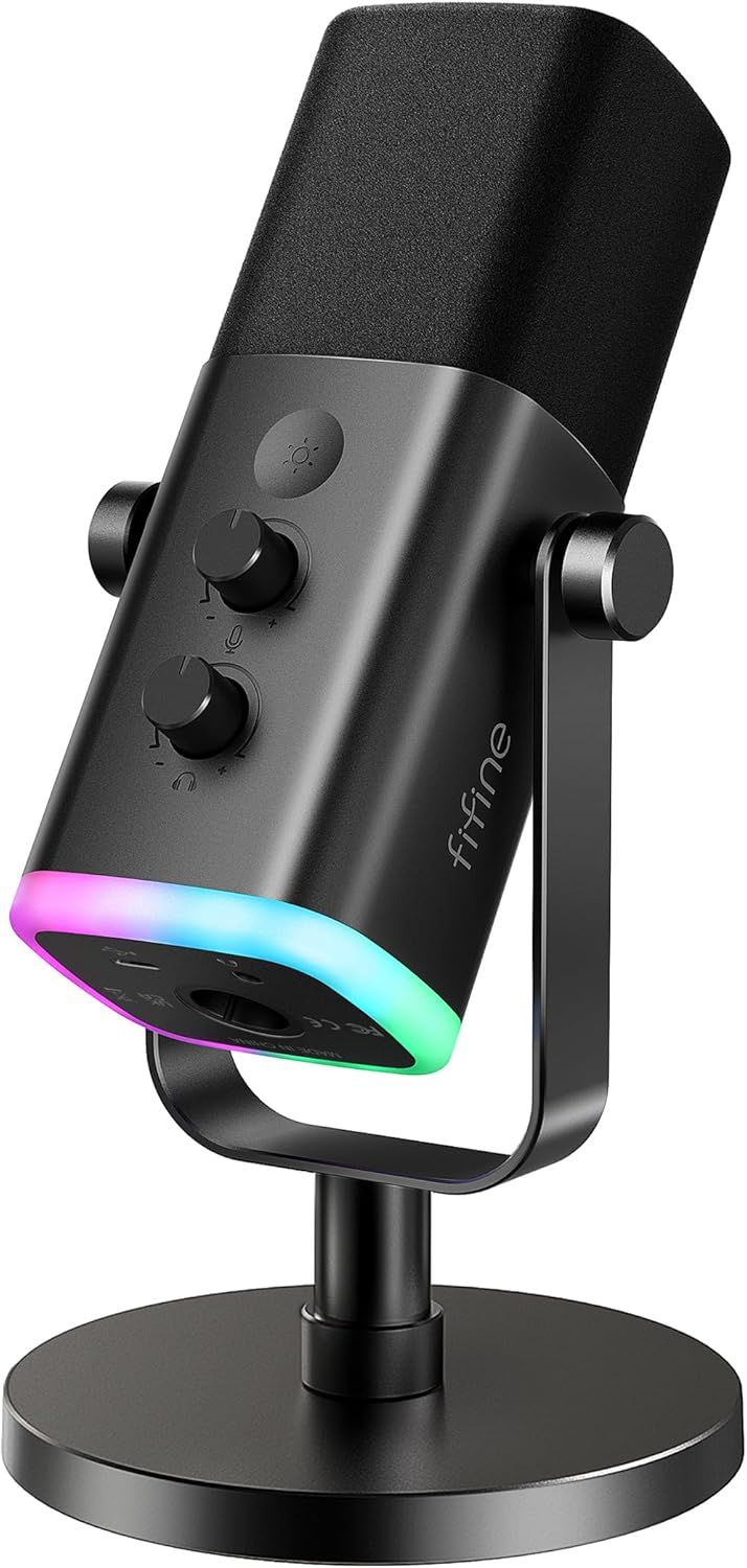 Displays the core product clearly on a white background to show the microphone's design, controls, and RGB lighting feature for streaming or recording. Uses a subtle drop shadow beneath the…