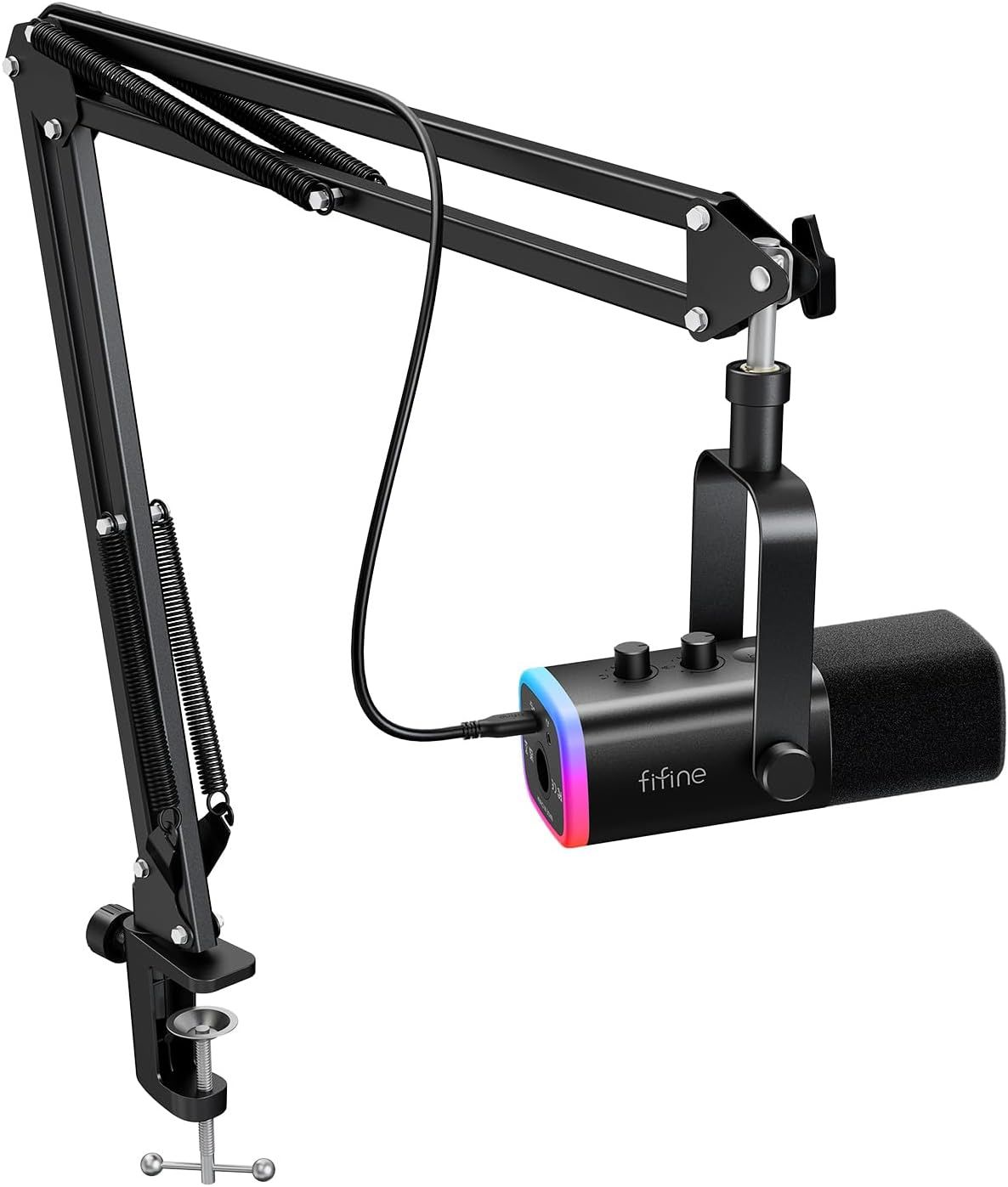 Shows the complete microphone setup with adjustable boom arm and RGB lighting to communicate the professional quality and flexibility of the product for content creators and streamers. Uses a clean…