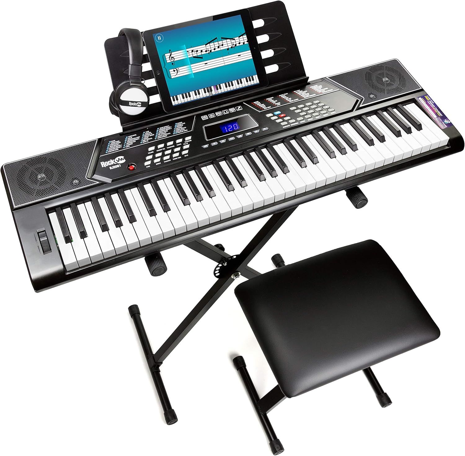 Shows the complete keyboard package including the main instrument, stand, bench, headphones, and tablet holder to communicate the full value and ready-to-play nature of the bundle. Demonstrates all…