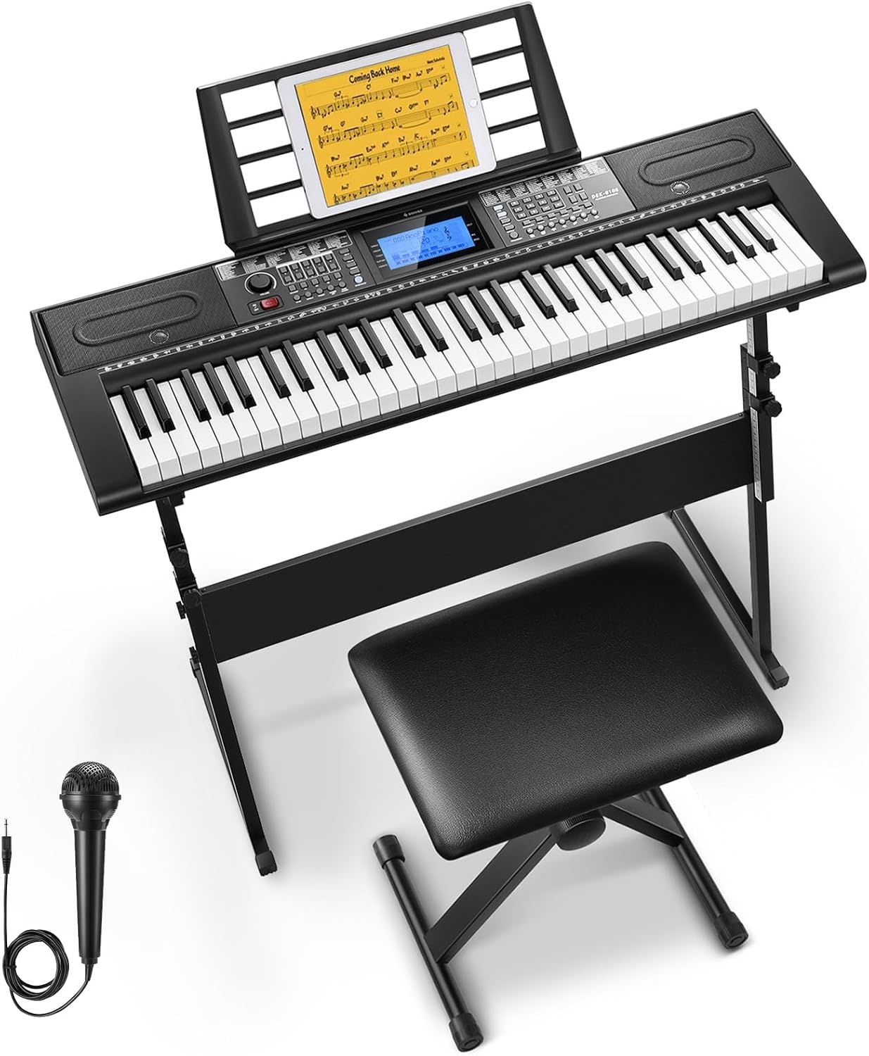 Shows the complete electronic keyboard package with all included accessories to communicate the full value and ready-to-use nature of the product for beginners or home musicians. Demonstrates that…