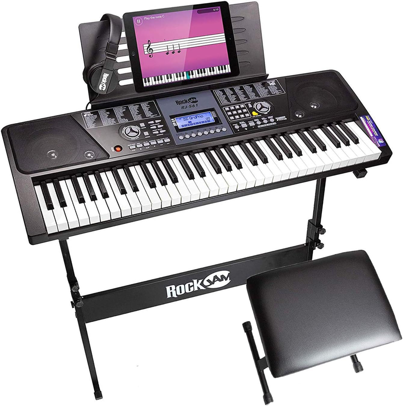 Shows the keyboard bundle with all included accessories—stand, bench, headphones, and tablet holder—to communicate that this is a complete, ready-to-use learning package for beginners. Demonstrates…