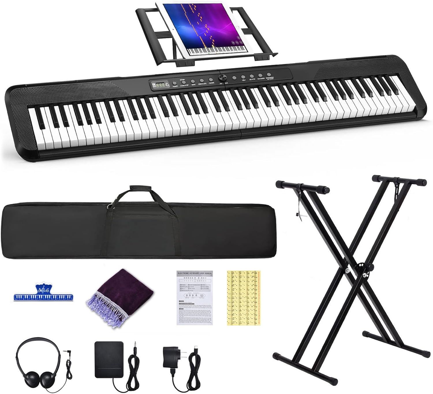 Displays the full keyboard package with all included accessories to show shoppers everything they receive in one purchase, emphasizing completeness and value. Showcases all the bonus accessories and…