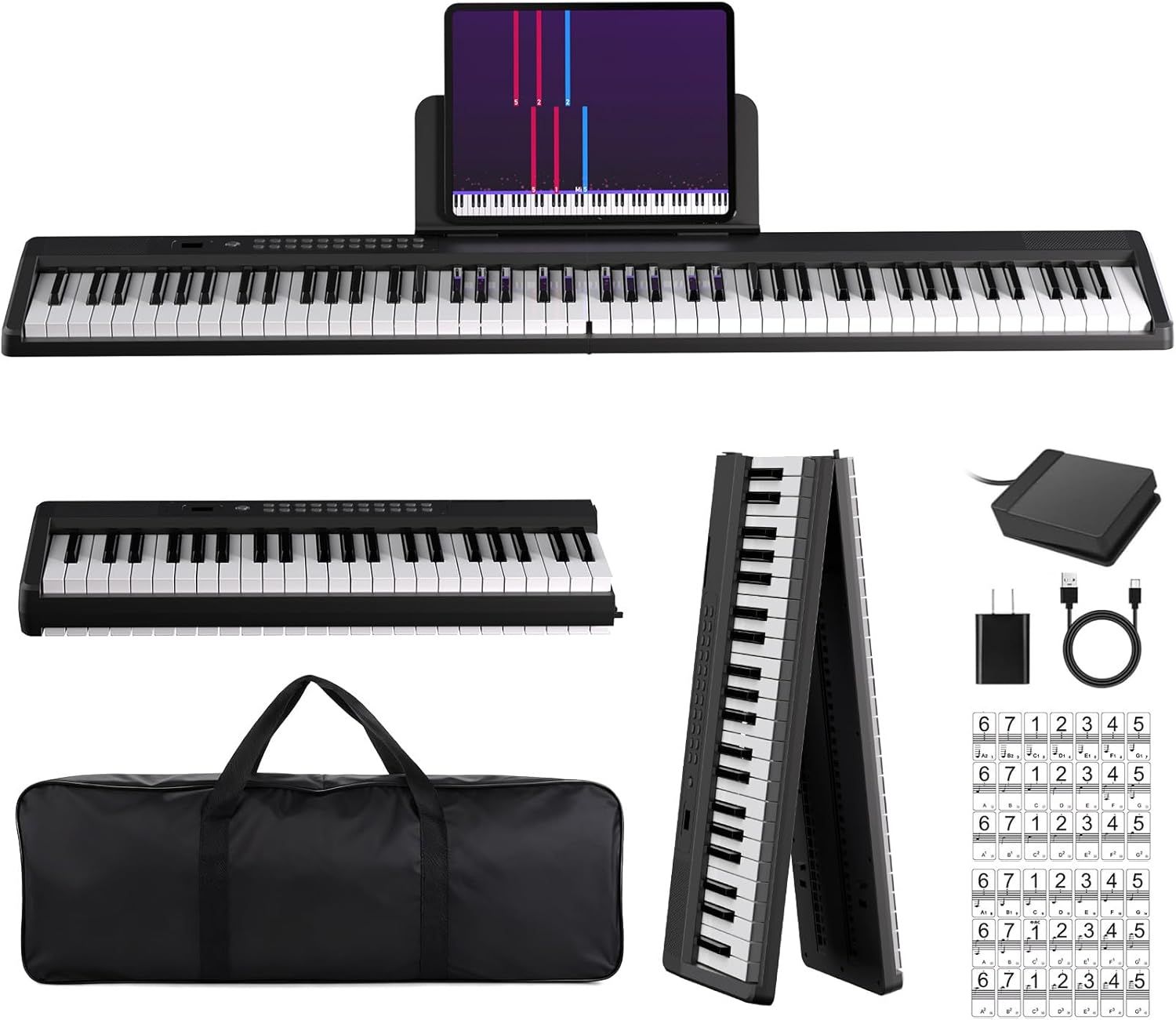 Shows the core product - a full-size digital piano keyboard with integrated tablet holder for learning apps, demonstrating its sleek design and professional appearance to appeal to musicians and…