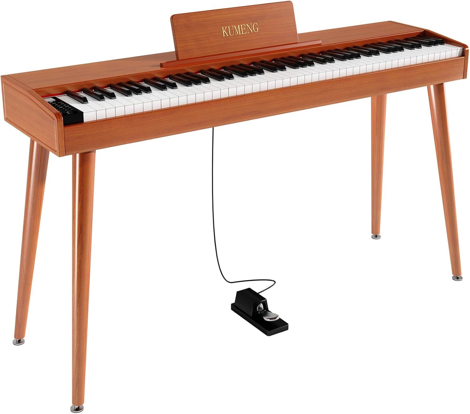Shows the complete digital piano product with its wooden stand and sustain pedal to communicate the full package and mid-century modern aesthetic. Demonstrates that a sustain pedal accessory is…
