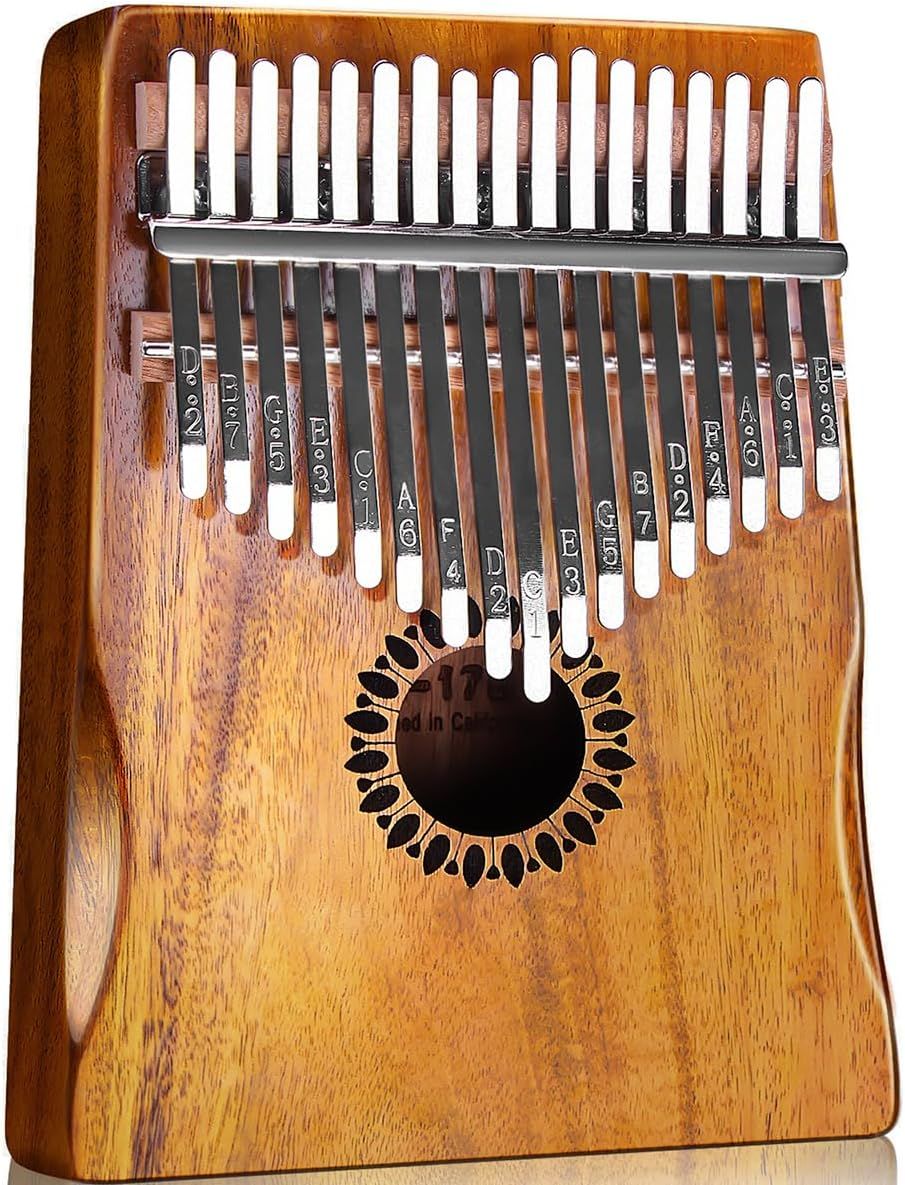 Displays the core product clearly on a white background to show the kalimba's wooden construction, metal tines with note markings, and decorative sunburst sound hole, helping shoppers understand…