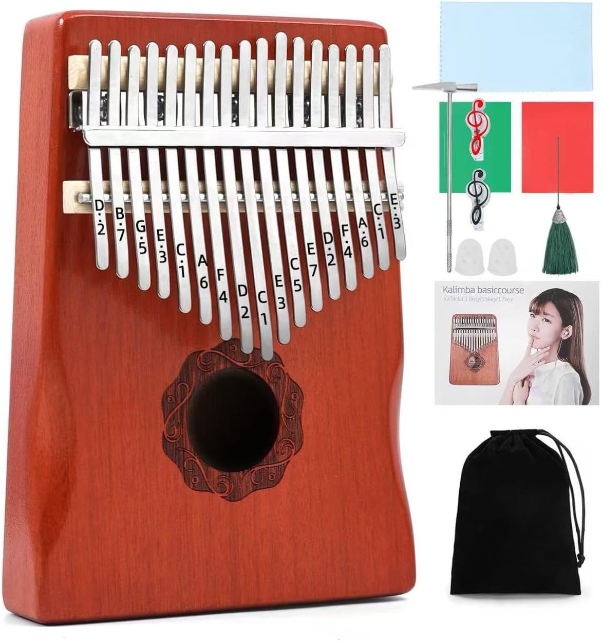 Shows the core kalimba instrument with all included accessories to communicate the complete package the buyer will receive. Displays all the bonus accessories included with the kalimba purchase such…